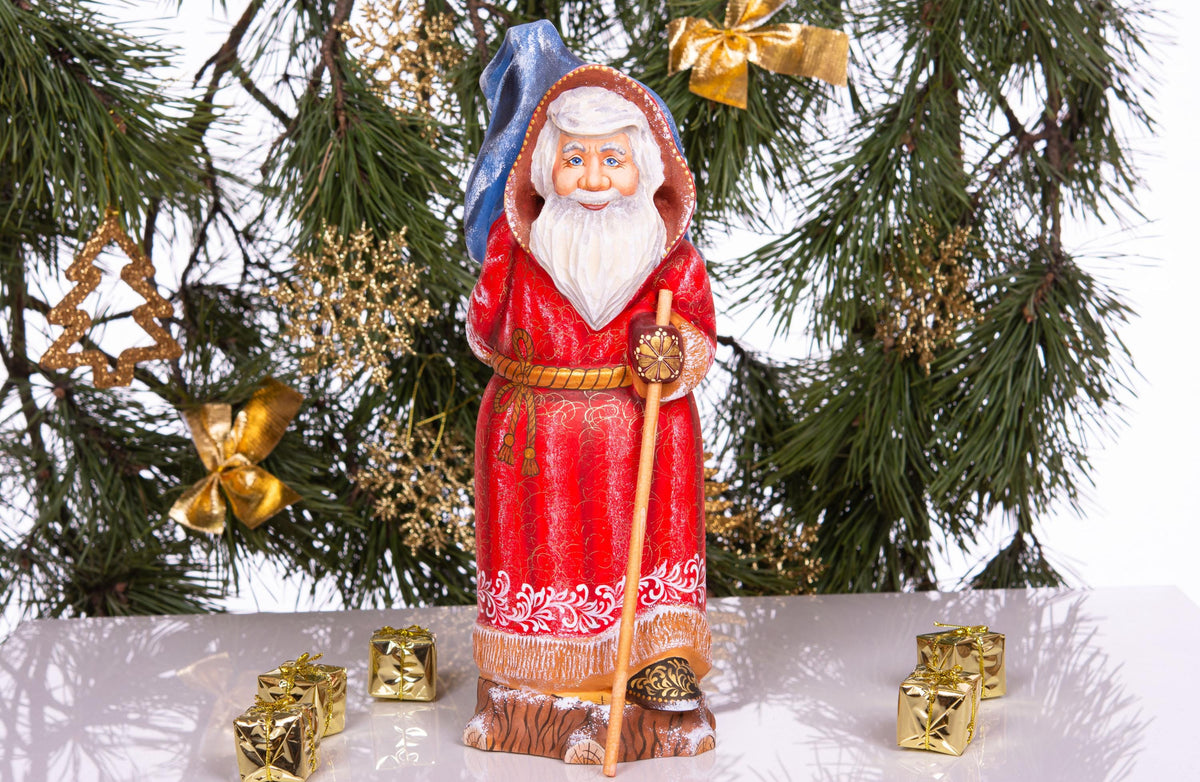Retro Santa Claus wooden figurine 12 inch, fawn on toy sack, collectible Christmas decor