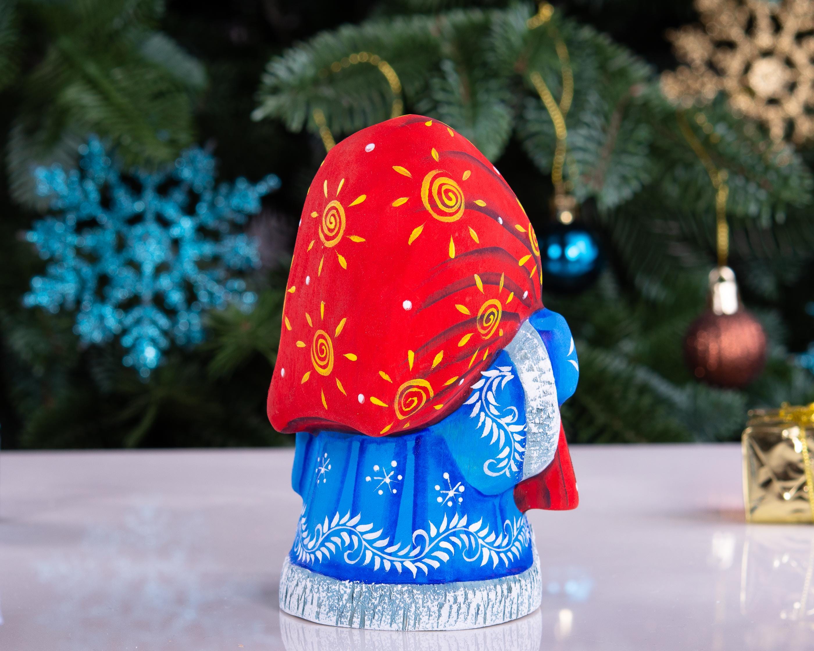 Hand Carved Wood Santa Figurine: Blue Coat Folk Art Collectible