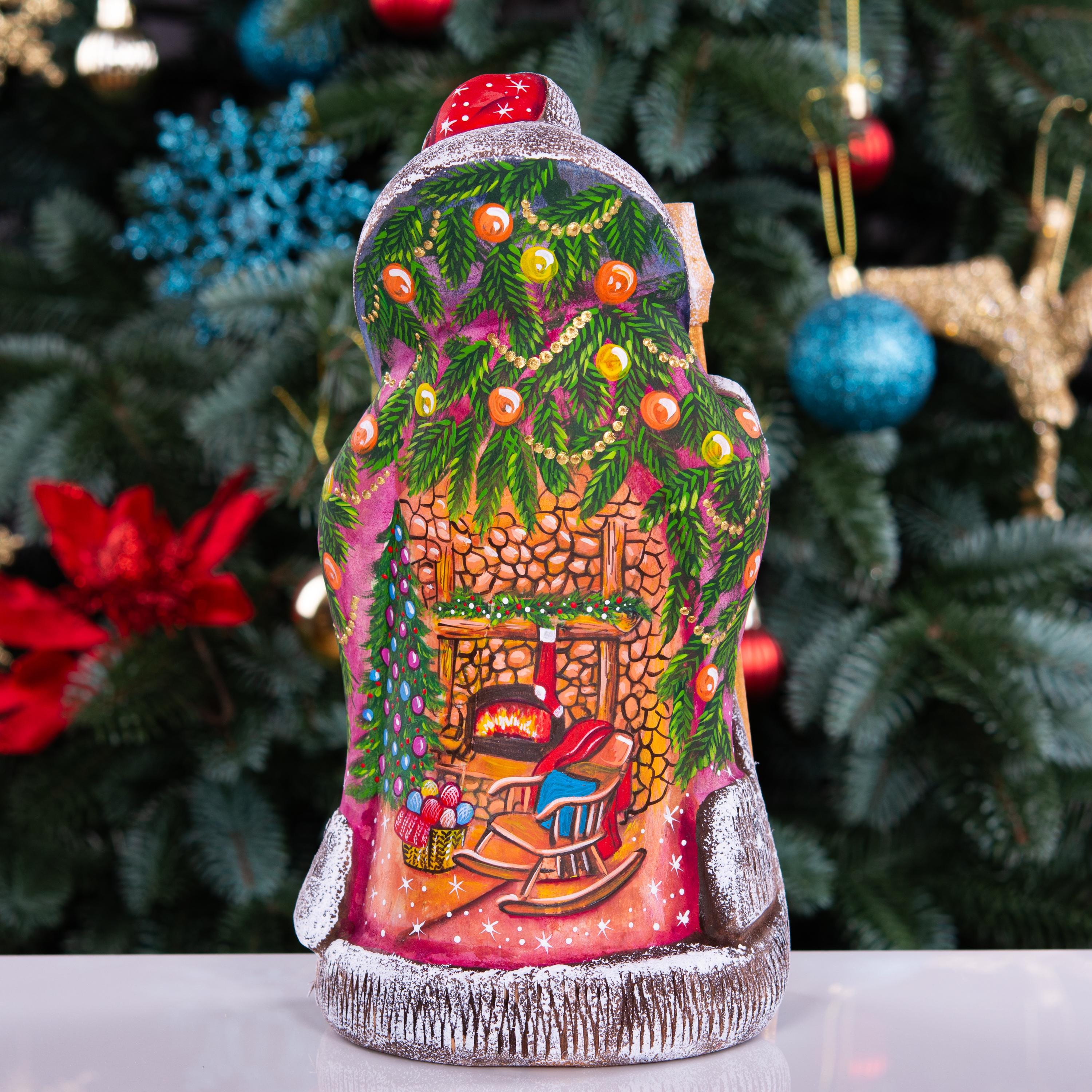Santa figurine with staff, hand painted girl with lantern, 9.4 inch