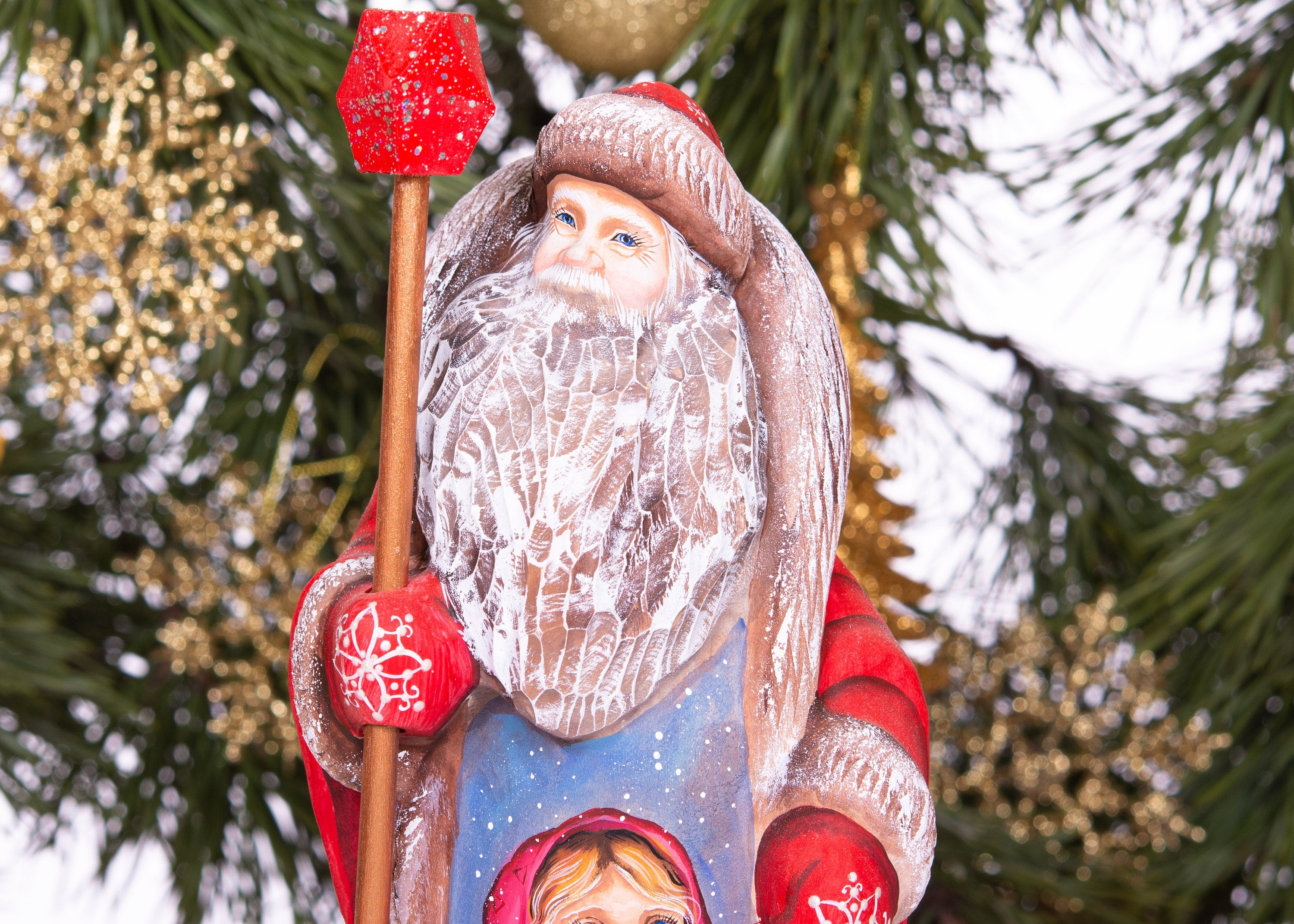 Old World Santa wood figurine 9.5 inch, winter girl scene, Christmas mantel centerpiece
