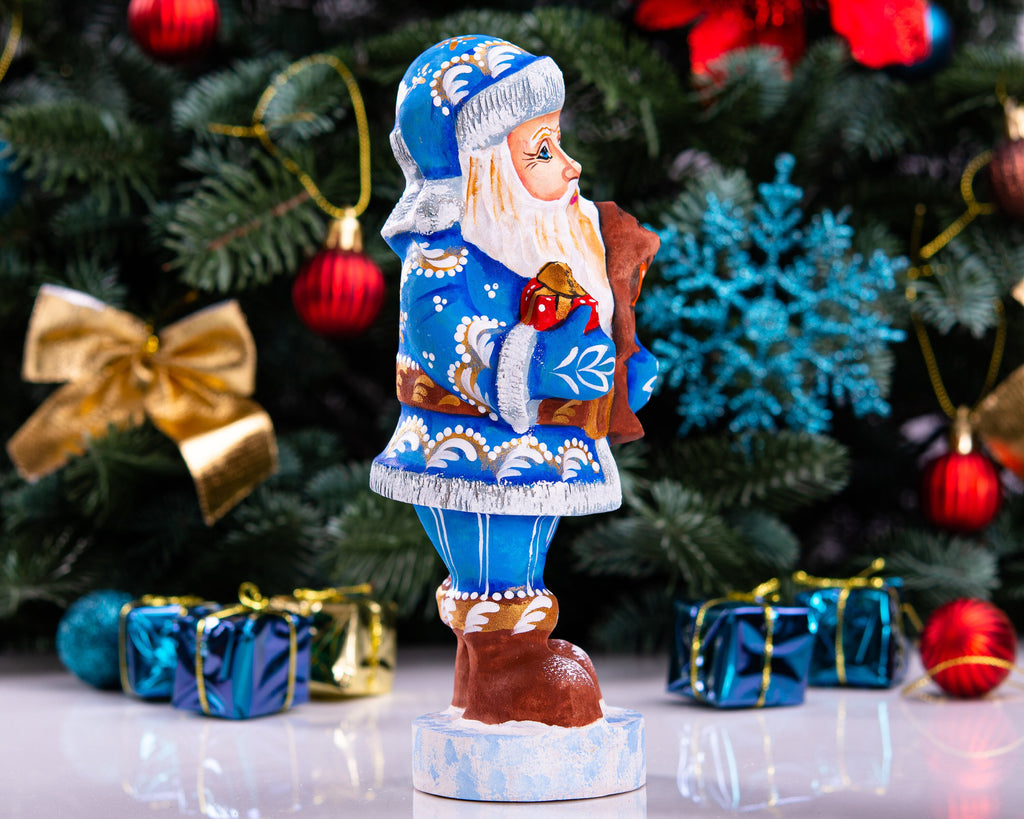 Hand carved blue Santa wooden figurine 7 inch, teddy bear gift, holiday mantel decor