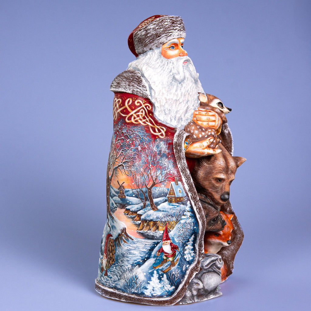 Santa with Woodland Animals 14 inch, Hand Carved Solid Wood Figurine, Artist Painted