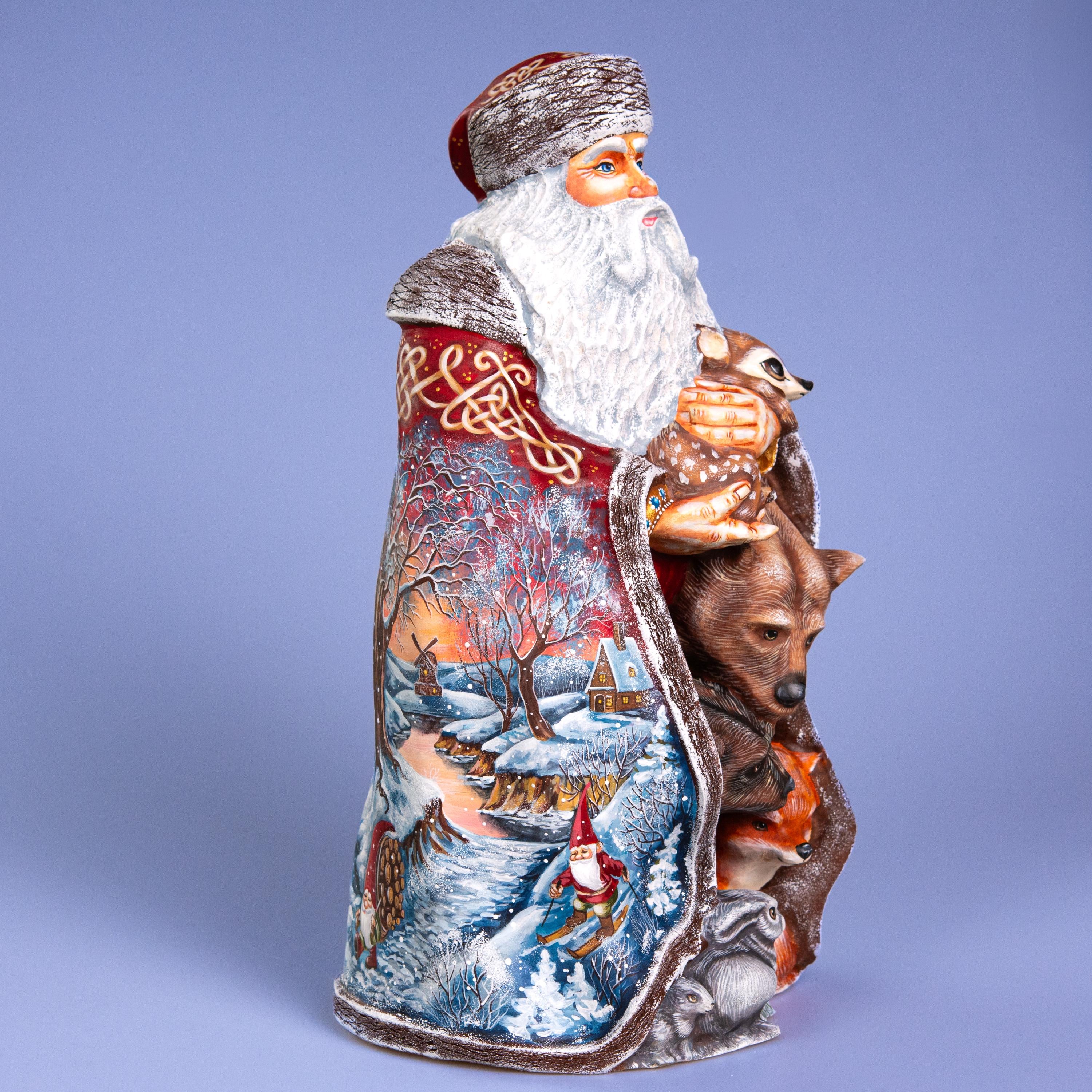 Santa with Woodland Animals 14 inch, Hand Carved Solid Wood Figurine, Artist Painted