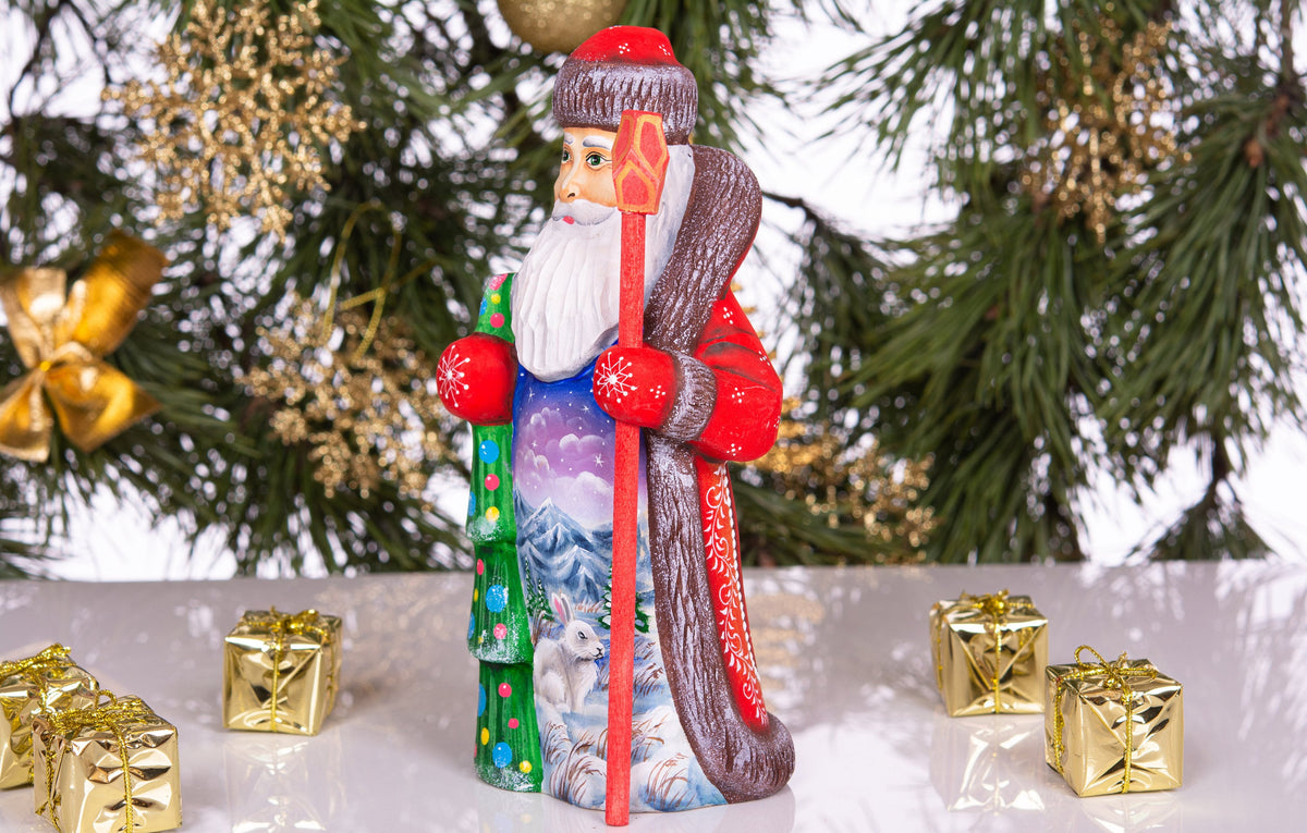 Woodland Santa wooden figurine 8 inch, snowy mountains and bunny, holiday shelf display