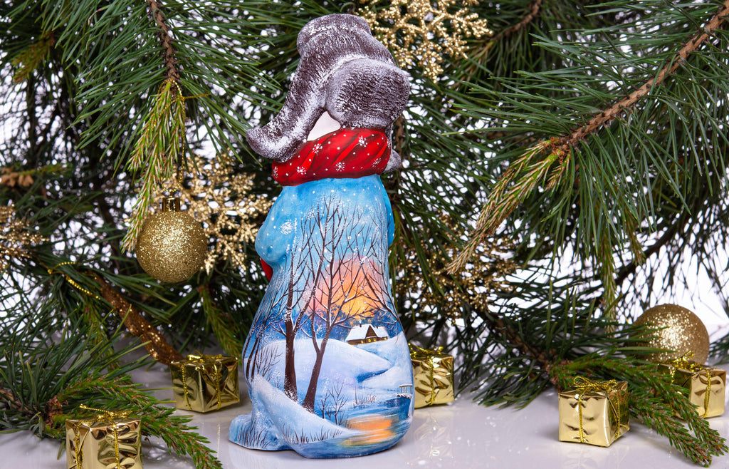 Old World snowman wood carving 9.1 inch, broom, mantel display