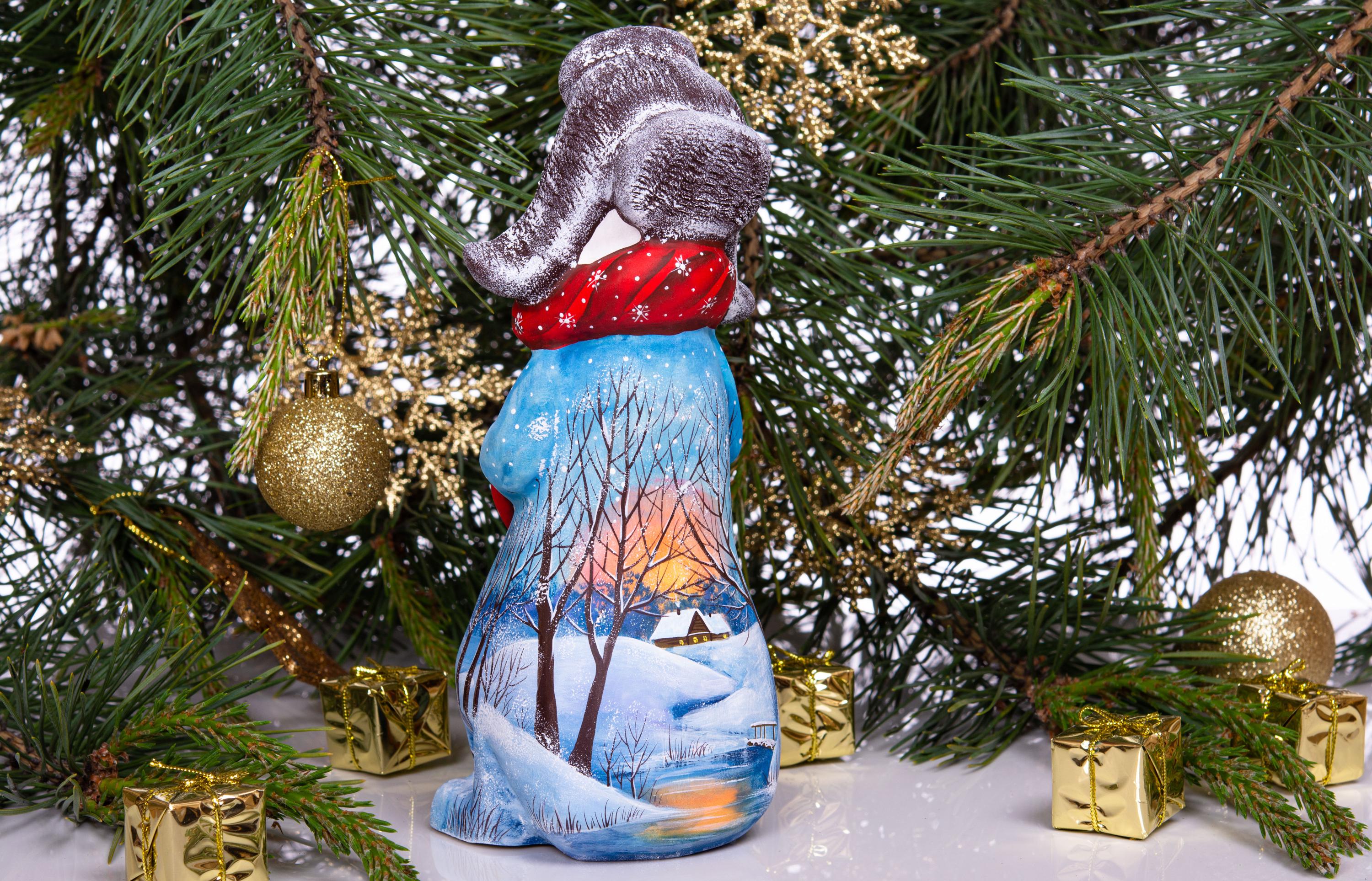 Old World snowman wood carving 9.1 inch, broom, mantel display