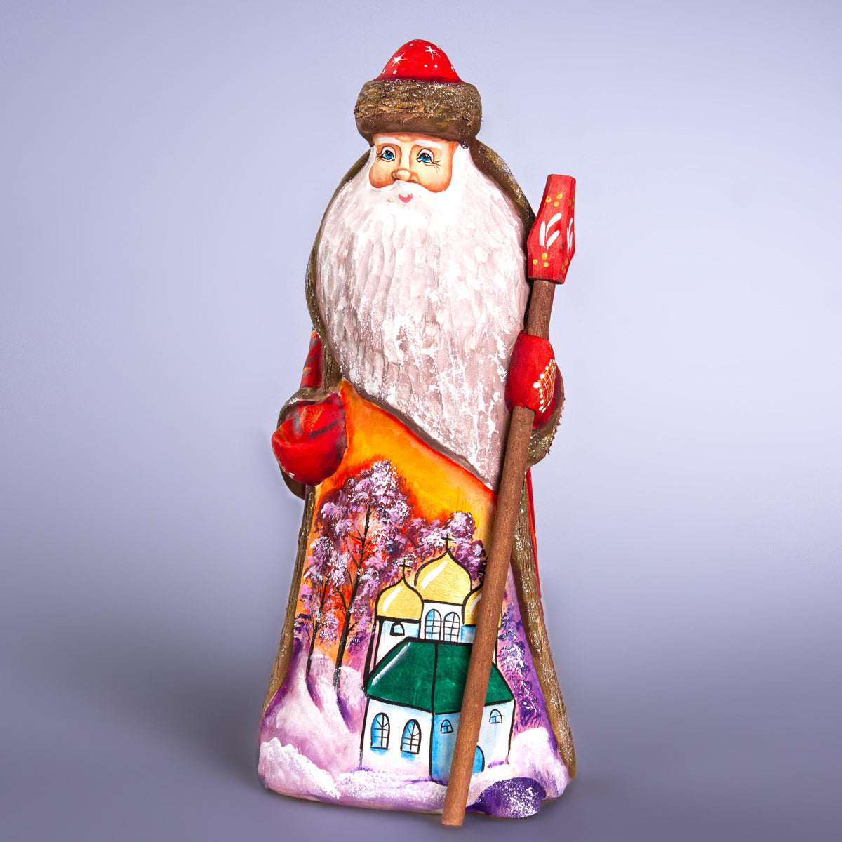 Hand Painted Santa Figurine: Carved Wood, Church Scene, Signed
