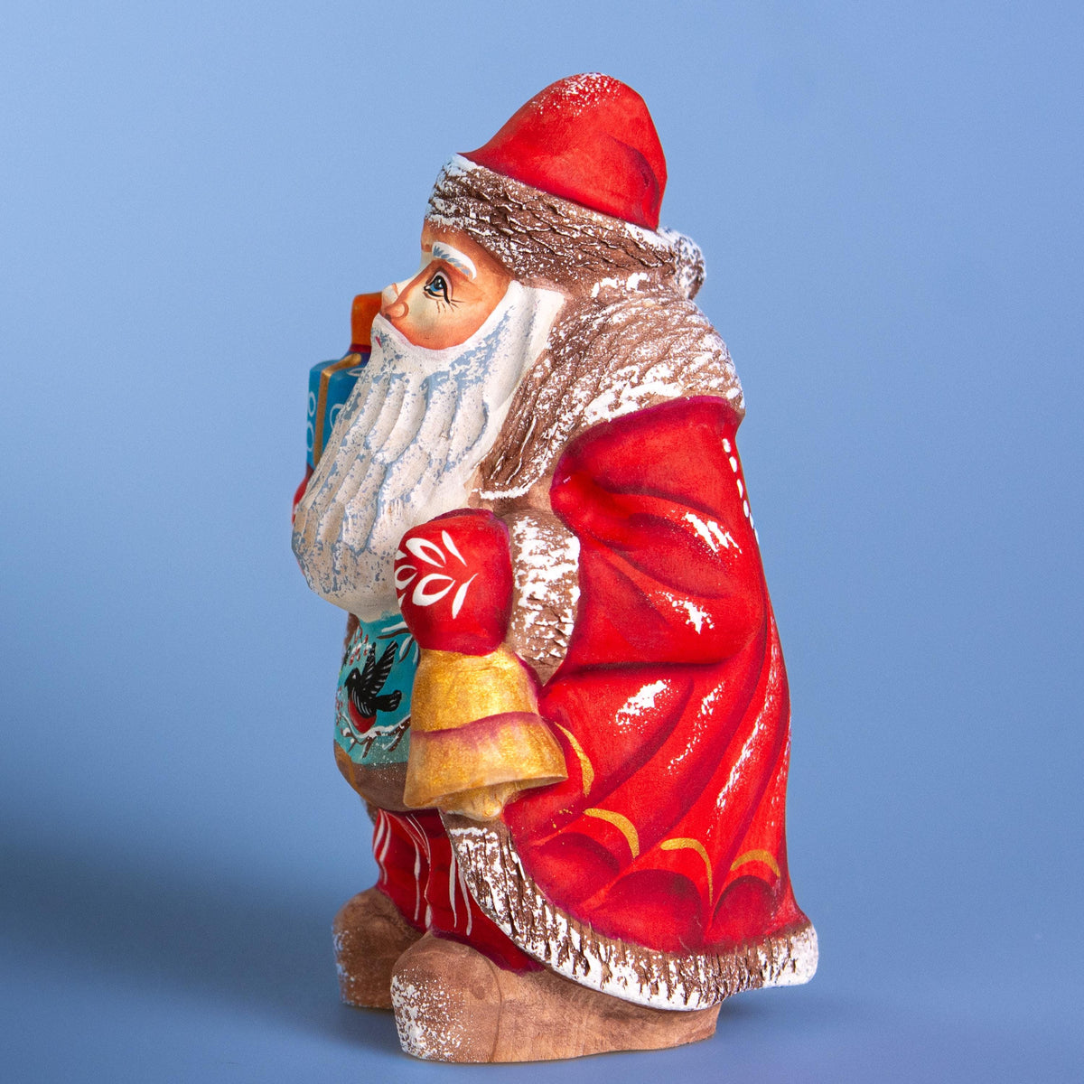 Carved wood Santa figurine with songbirds collector gift 5.5 inch