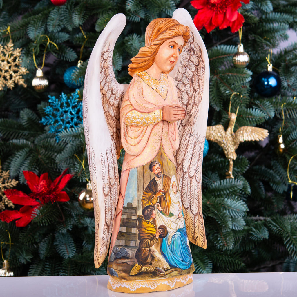 Hand Carved Wood Angel Statue: Nativity Art, Christian Decor