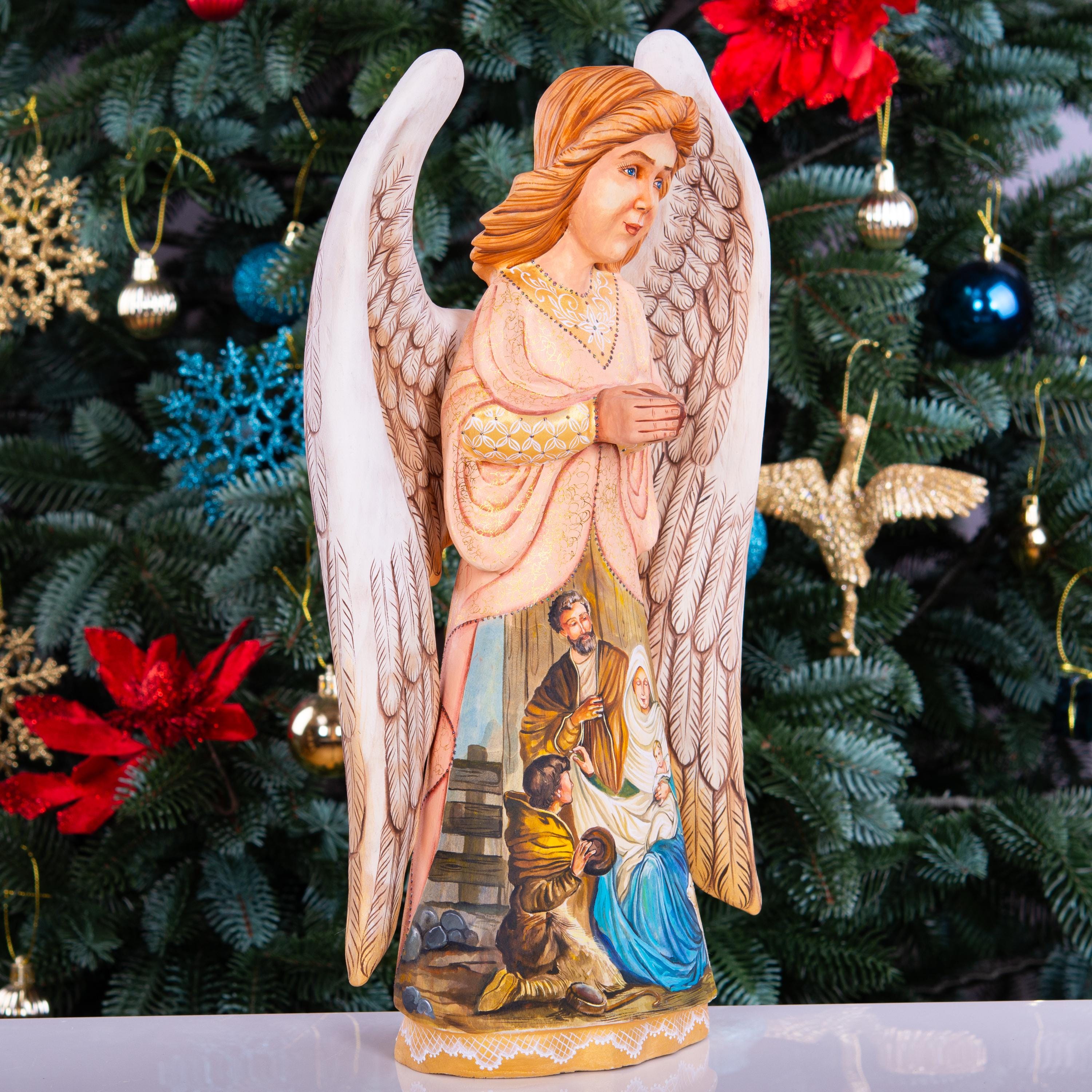 Hand Carved Wood Angel Statue: Nativity Art, Christian Decor