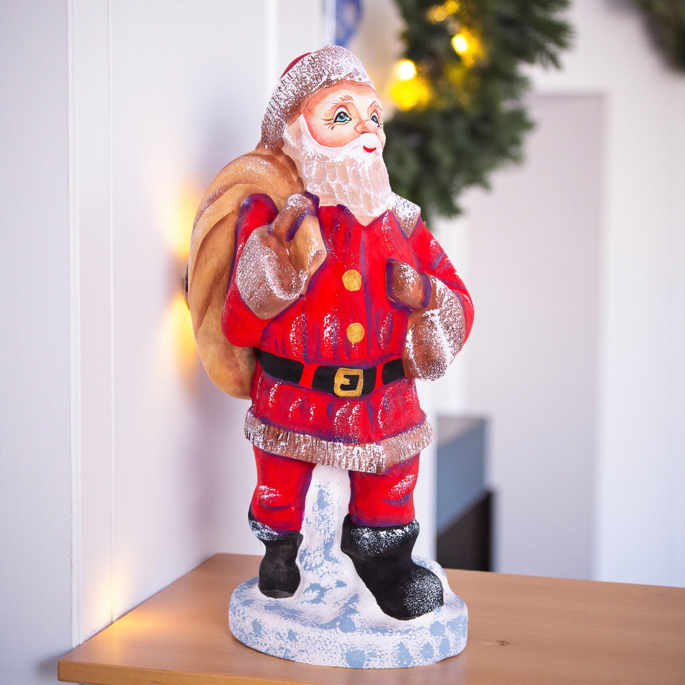 Kris Kringle Santa figurine 7 inch, carved wood, toy bag, holiday home decor