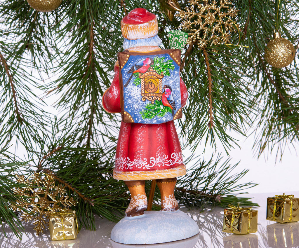 Hand carved wooden Santa figurine 11 inch, cuckoo clock bullfinch scene, Christmas home accent
