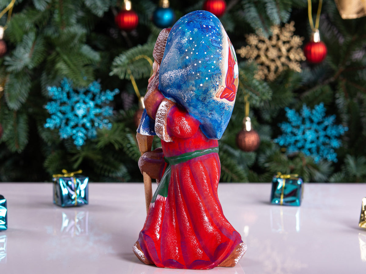 Hand carved Santa wood figurine 8 inch, Holy Family painting, tabletop Christmas decor