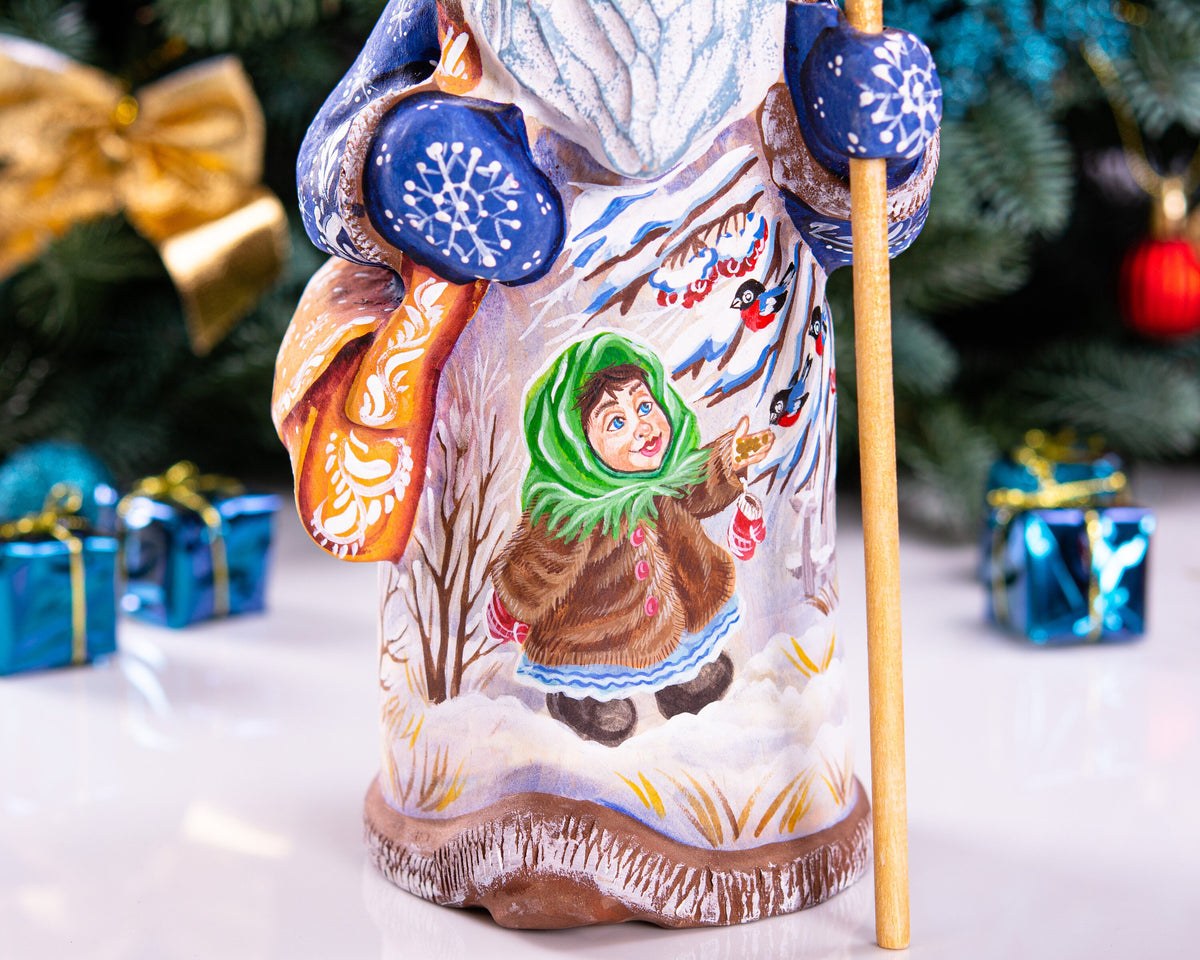 Old-World Santa wood figurine 9 inch, child with winter birds scene, shelf display