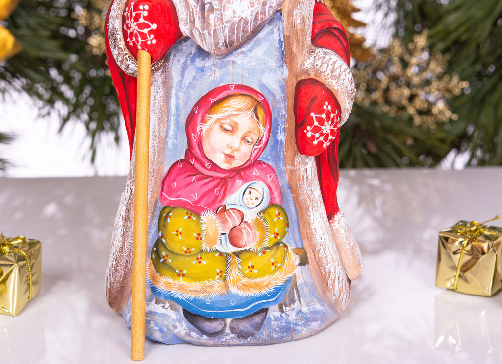 Father Christmas figurine, carved wood, folk art child scene, 9.4 inch