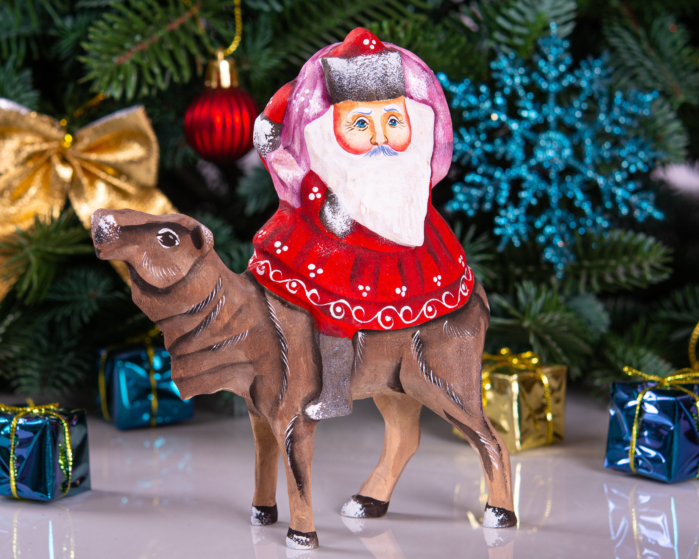Camelback Santa figurine solid wood holiday shelf decor 6.3 inch