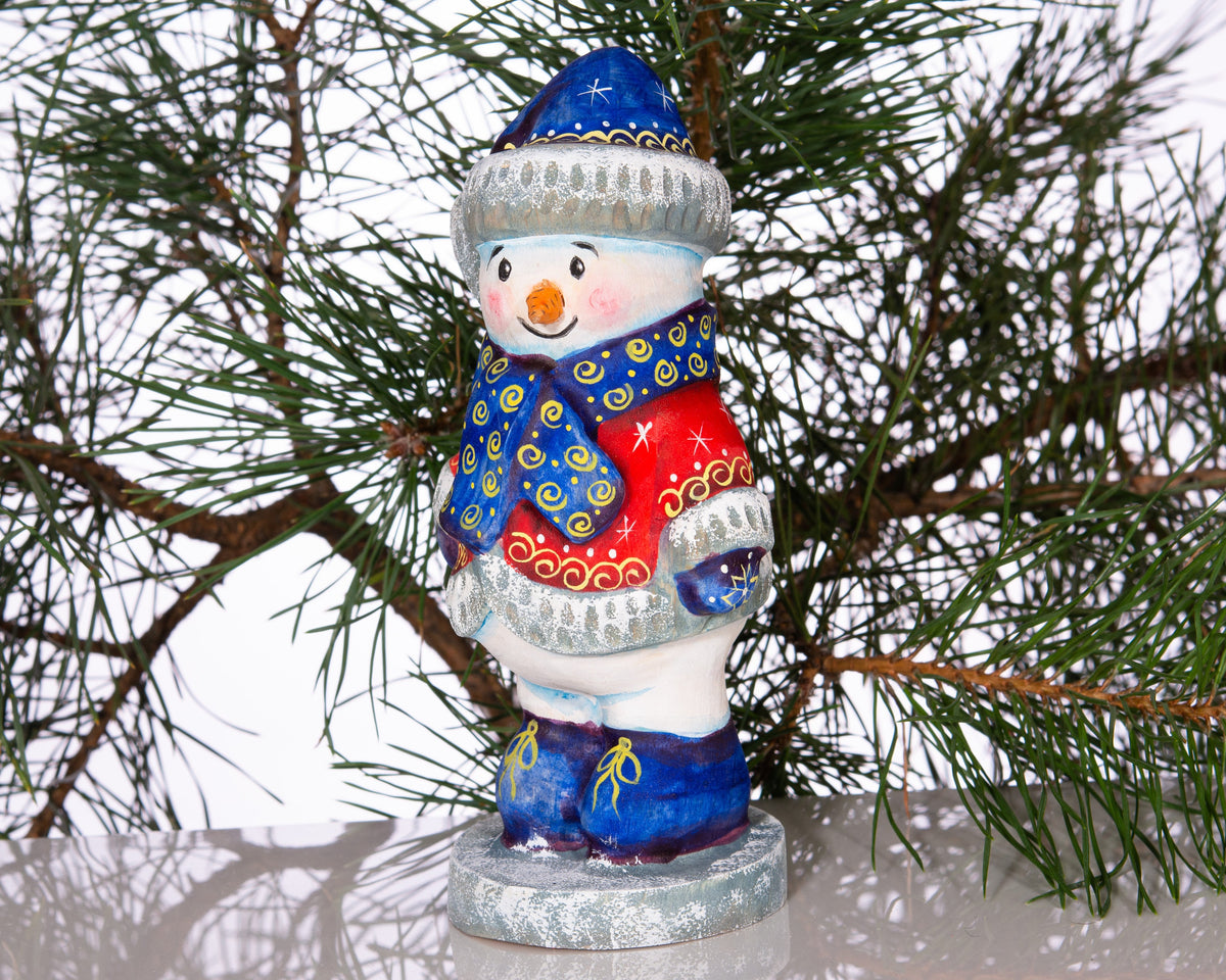 Hand carved wooden snowman figurine 6.3 inch, folk art winter accent, mantel decor