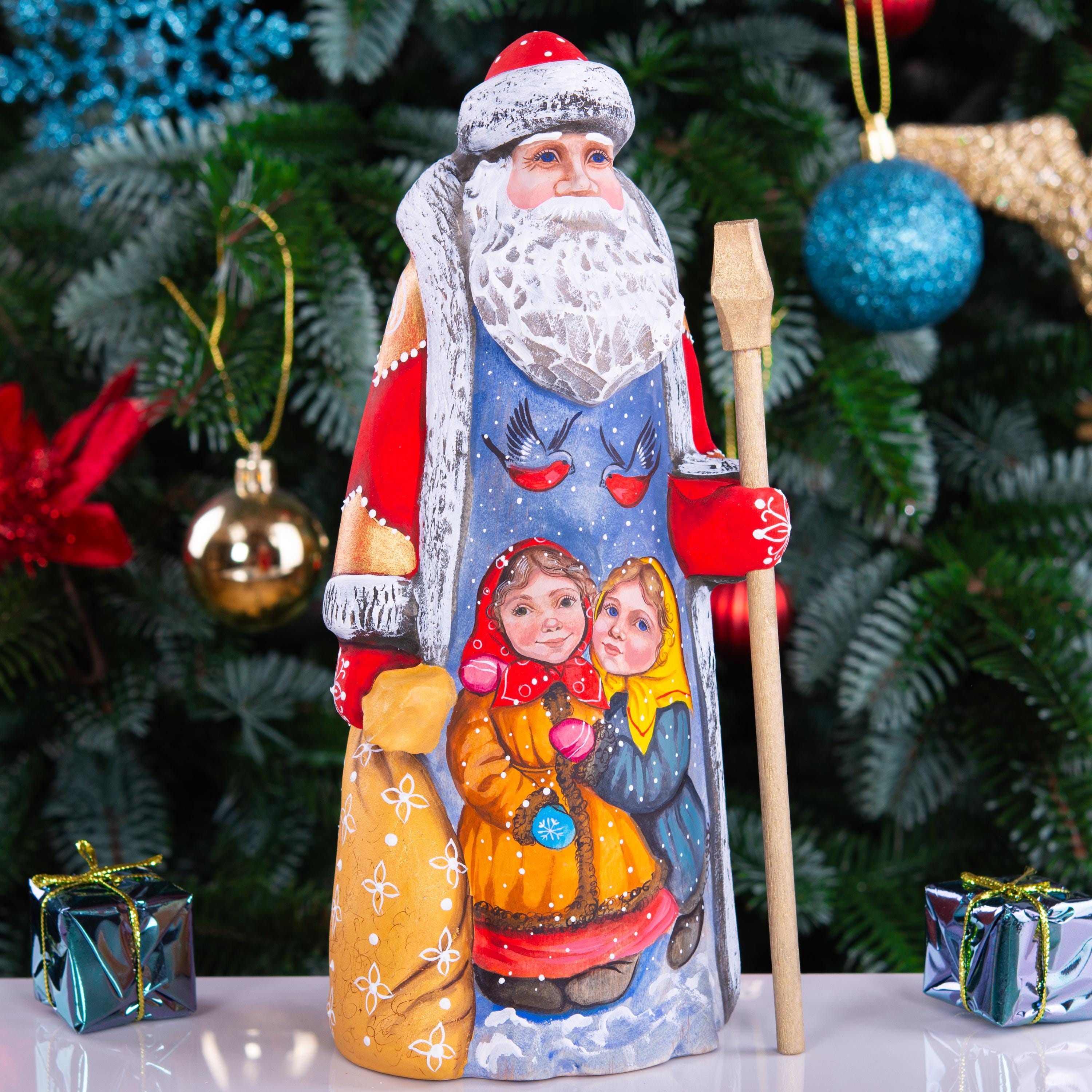 Santa Claus figurine 9 inch, hand painted children and bullfinches