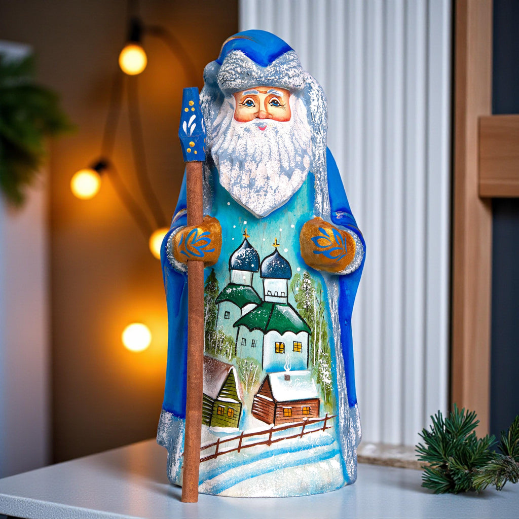 Hand Carved Wooden Santa Figurine: Winter Church Scene, Signed Collectible