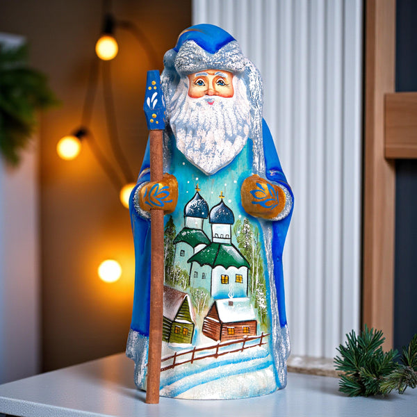 Hand Carved Wooden Santa Figurine: Winter Church Scene, Signed Collectible