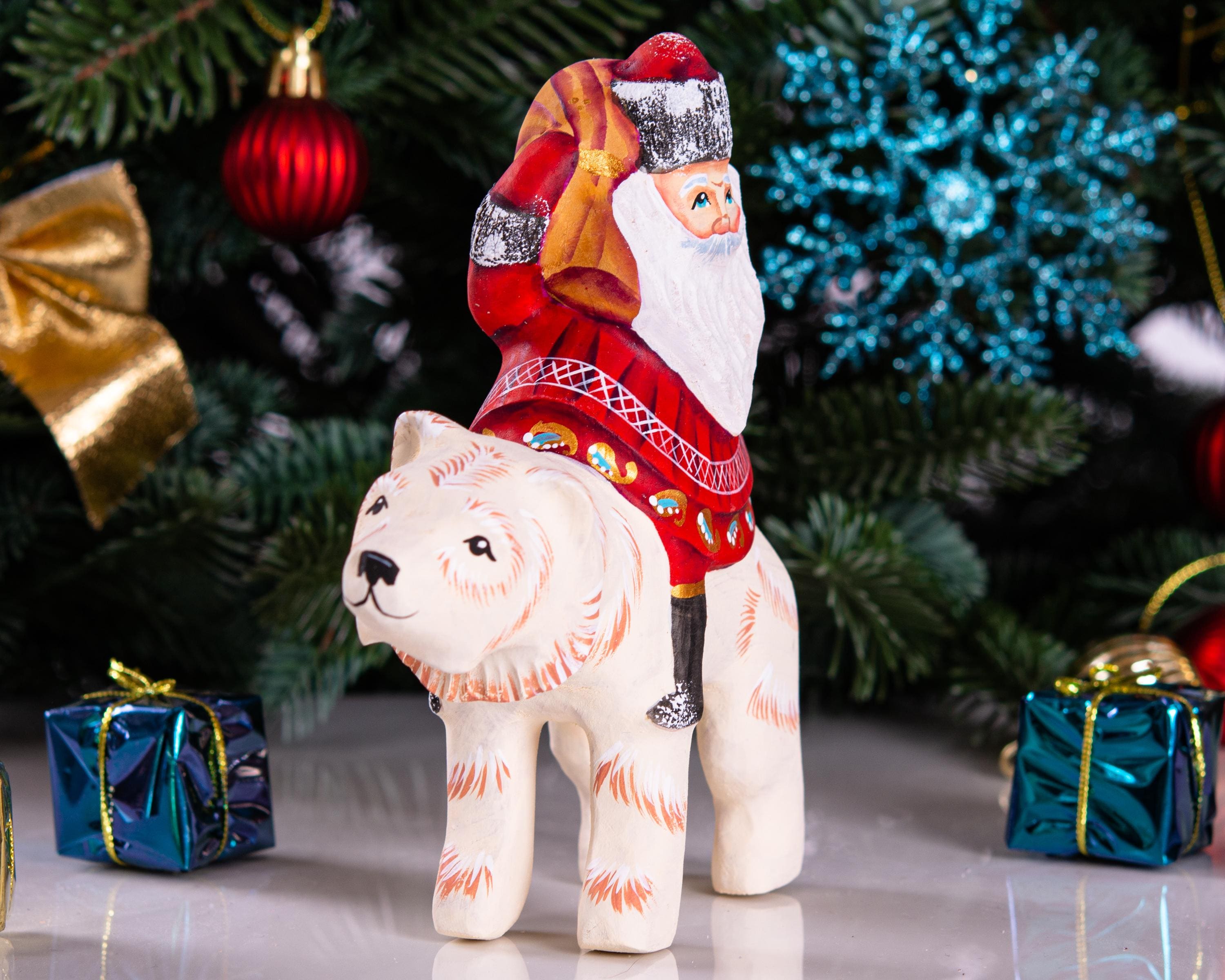 Old World Santa figurine 6 inch, riding polar bear, shelf decor
