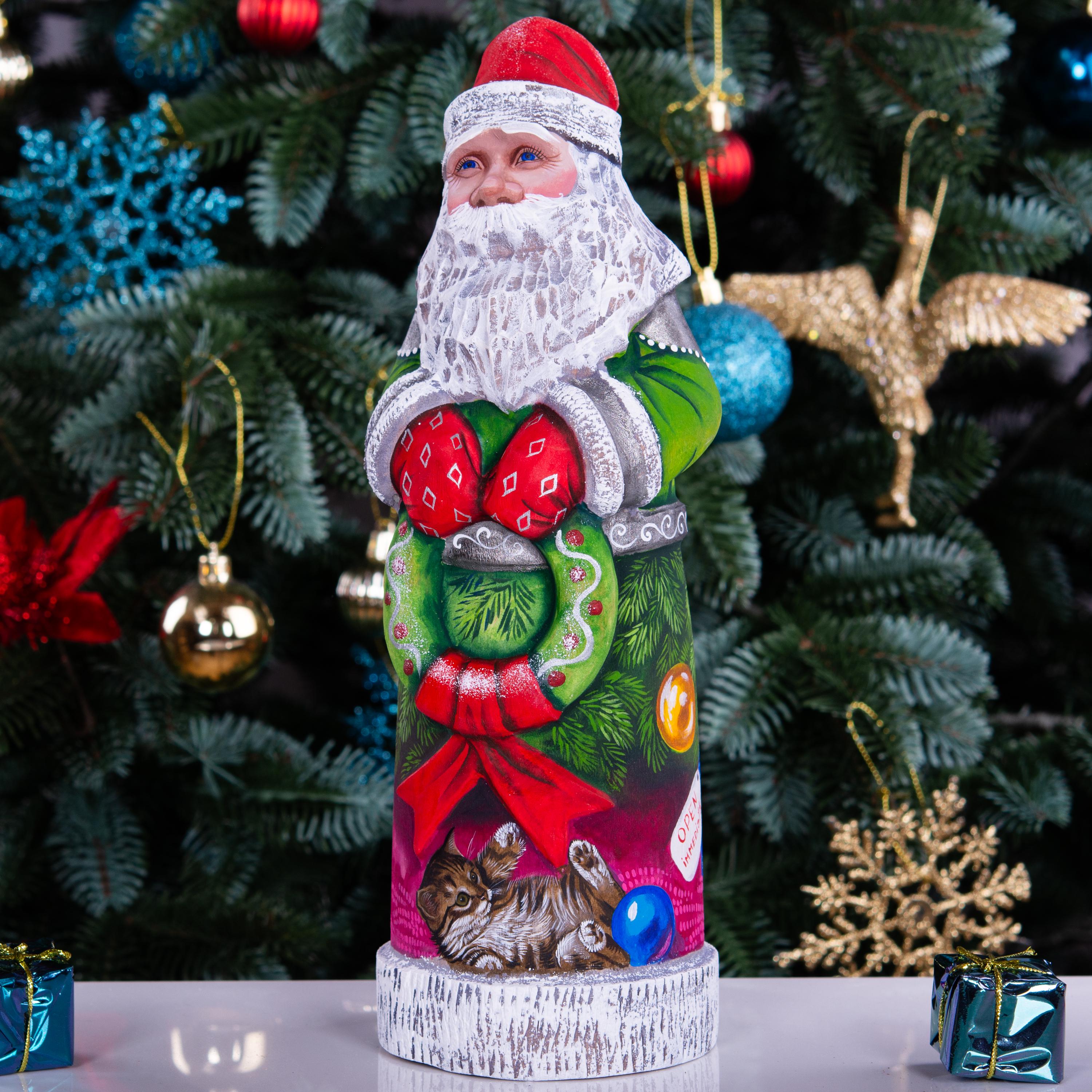 Tall Santa Claus wooden figurine 11 inch, wreath and kittens, pet lover holiday decor