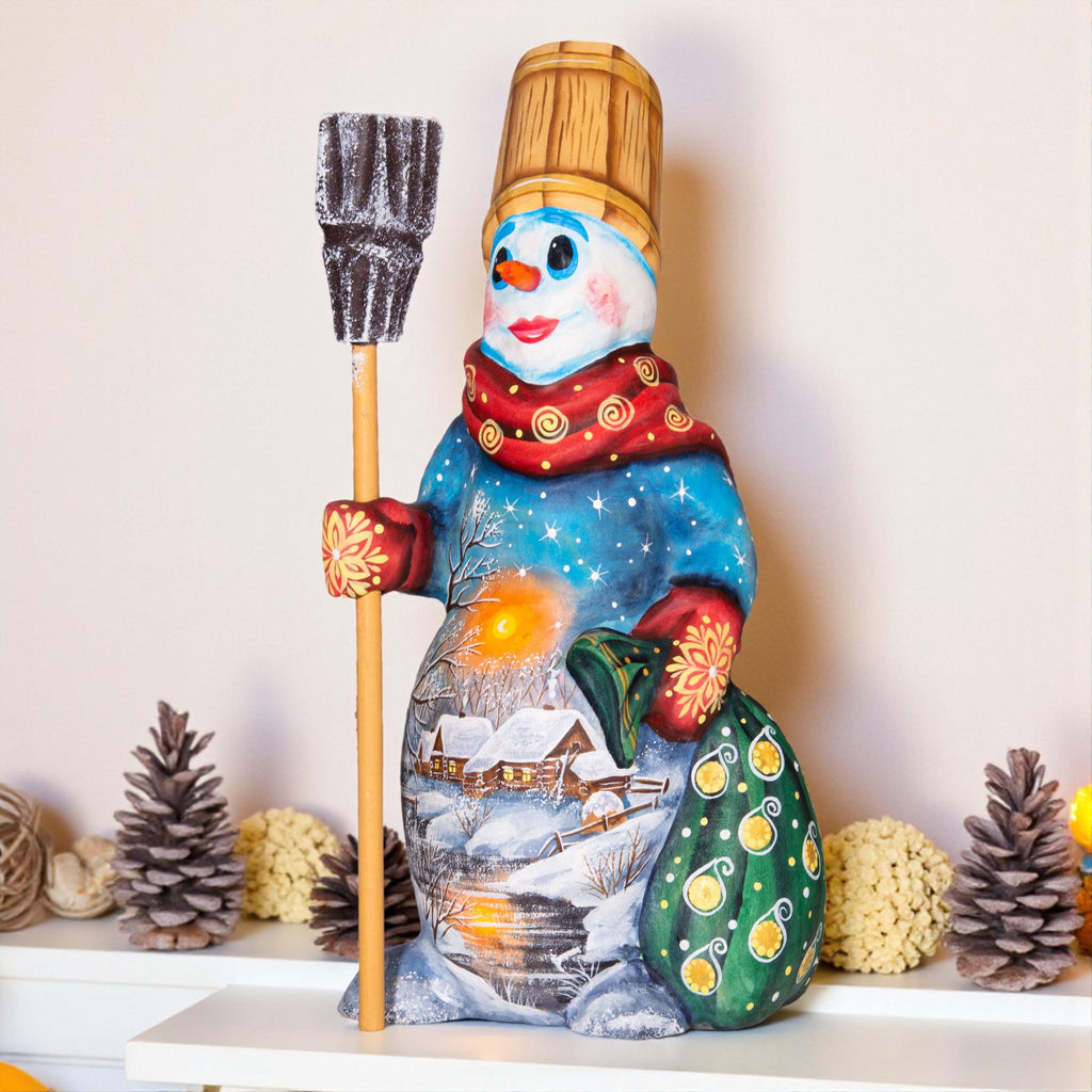 Christmas snowman wood figurine 8 inch, snowy cottage artwork, festive table centerpiece