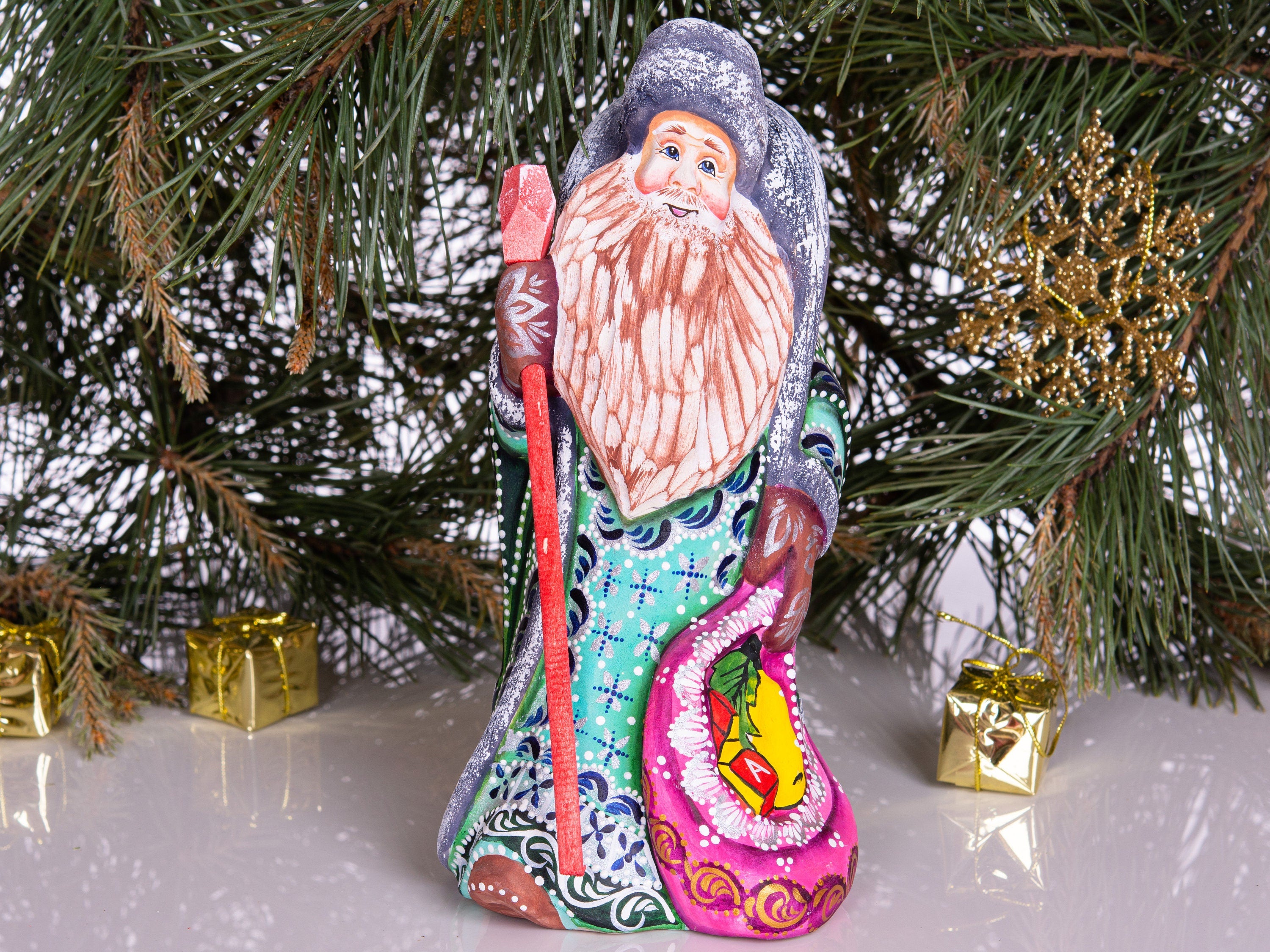 Hand Carved Wooden Santa Figurine: 9 Inch Rustic Christmas Decor