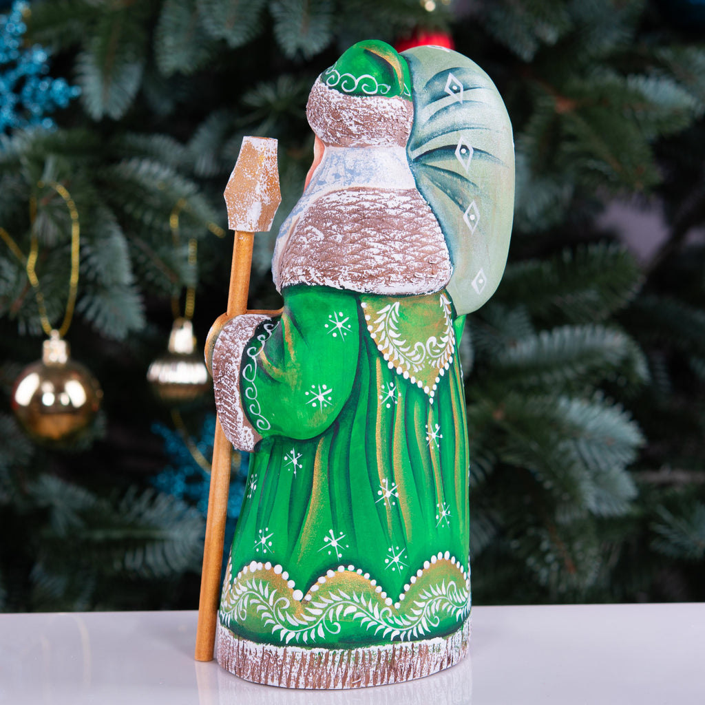Hand carved Santa wooden figurine 8.3 inch, staff and sack