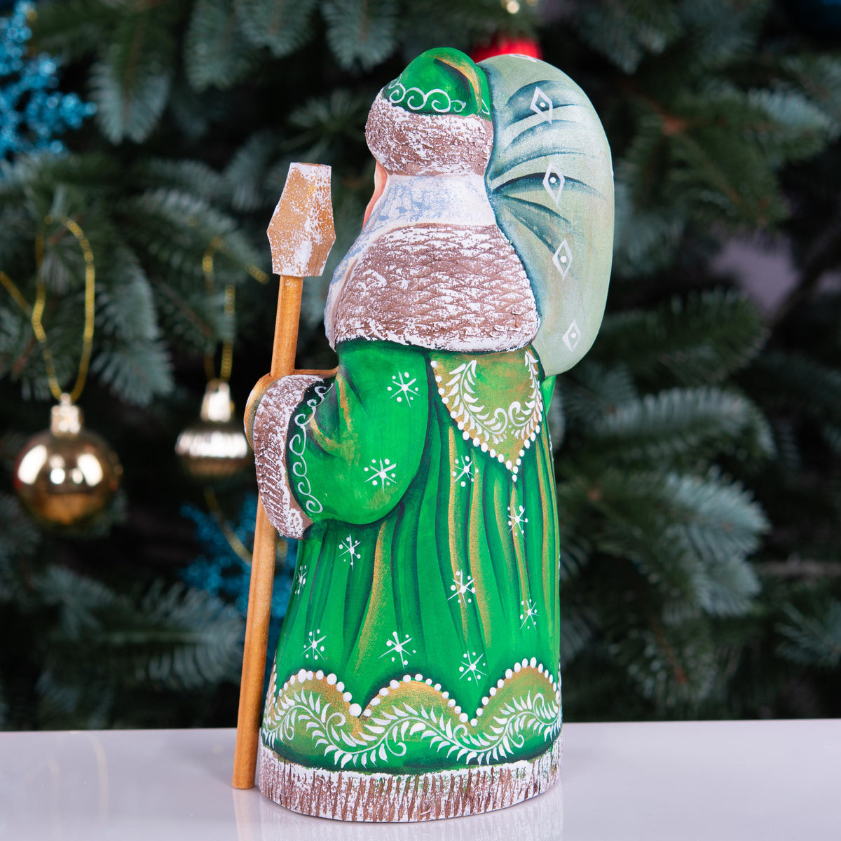 Hand carved Santa wooden figurine 8.3 inch, staff and sack