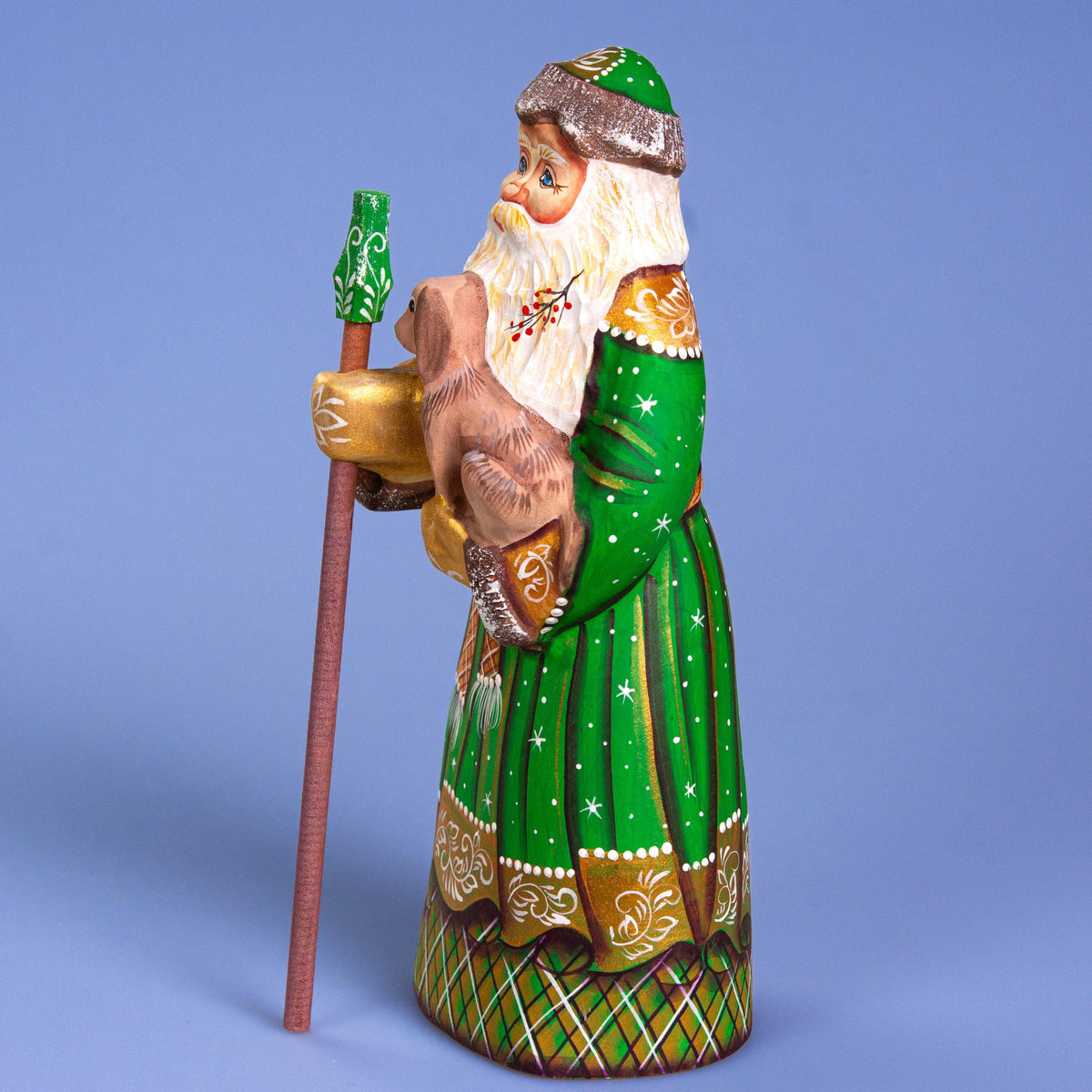 Santa with Dog Figurine 9", Green Coat, Hand Painted Wood