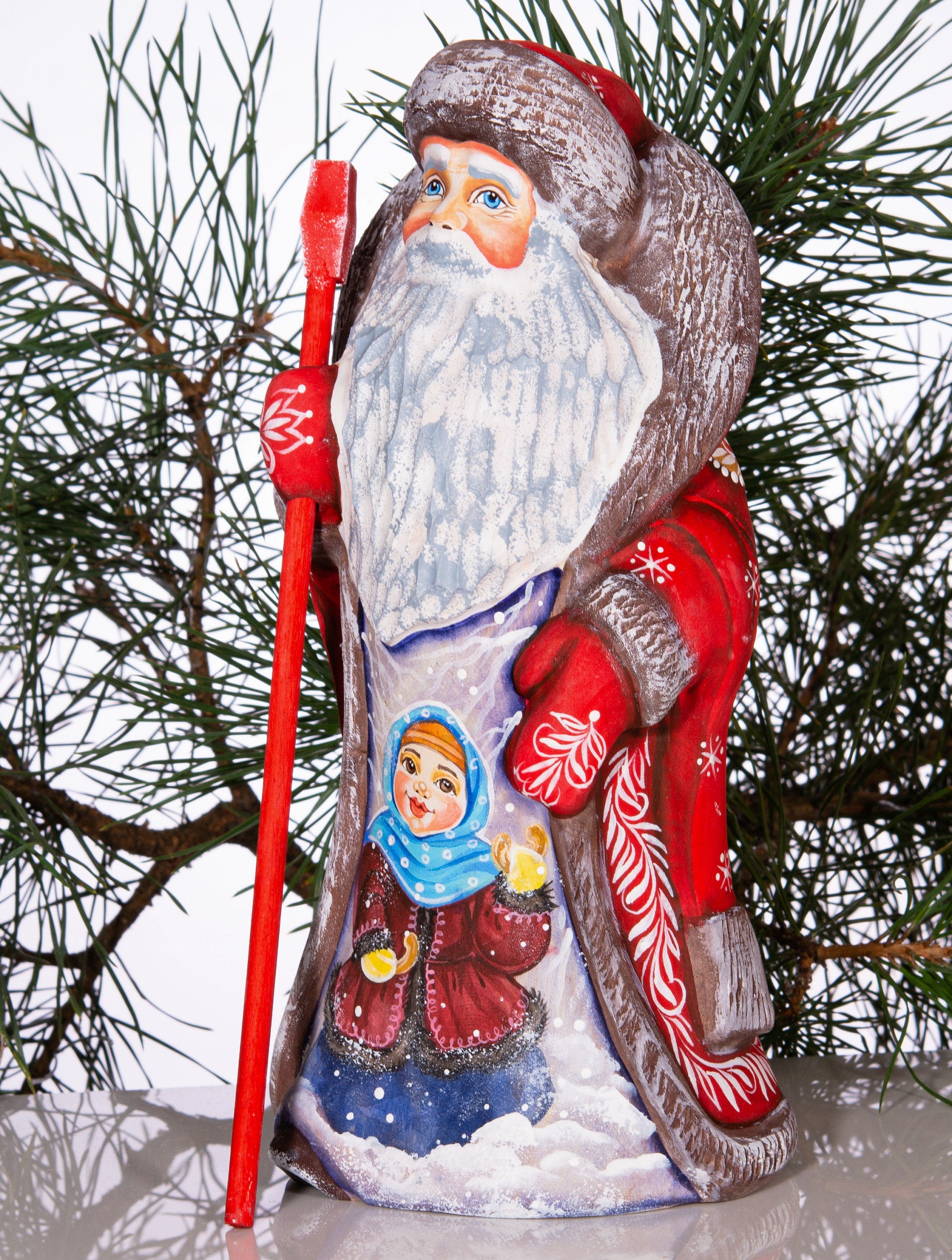 Hand carved Russian Santa figurine 9.5 inch, winter girl scene, Christmas mantel centerpiece