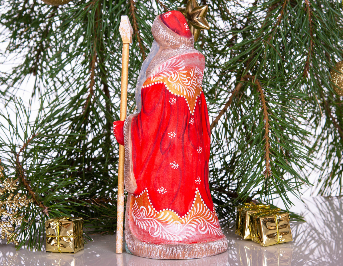 Santa figurine with staff, folk art hand painted girl scene, 8.3 inch