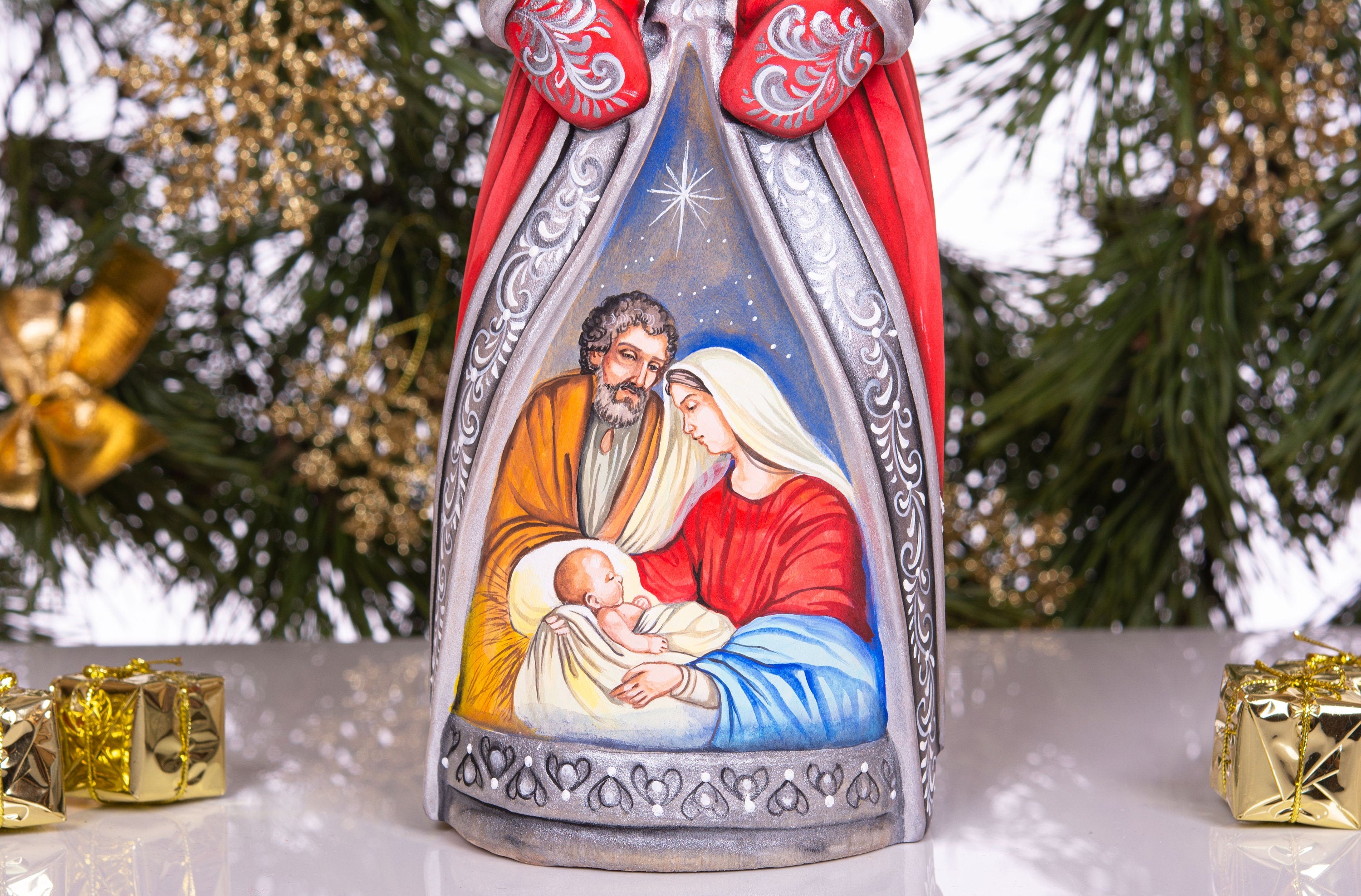 Santa Figurine 12.5", Nativity Scene, Orthodox Icon Style, Hand Painted Wood