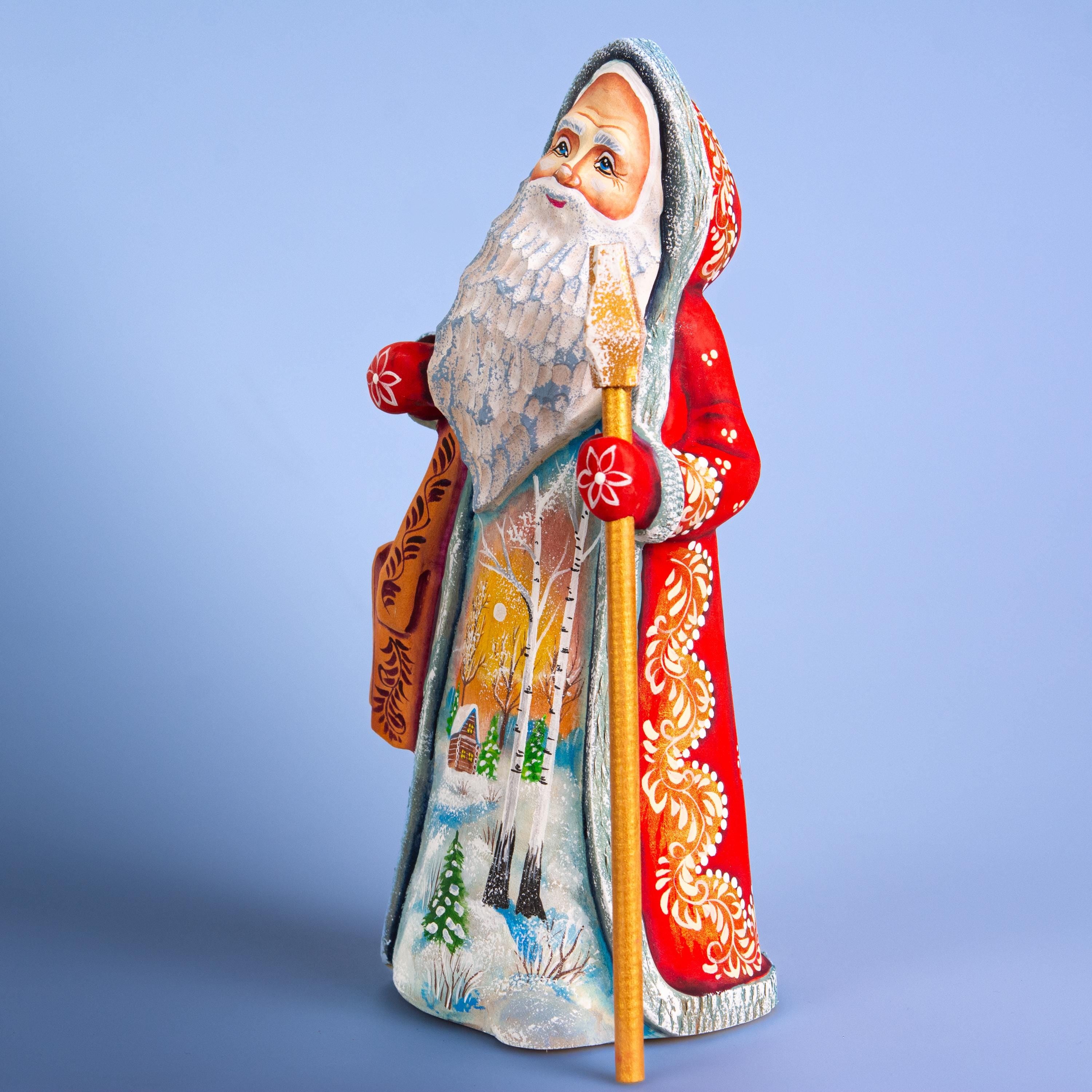 Hand carved Santa wooden figurine 9 inch with staff, winter village scene mantel decor