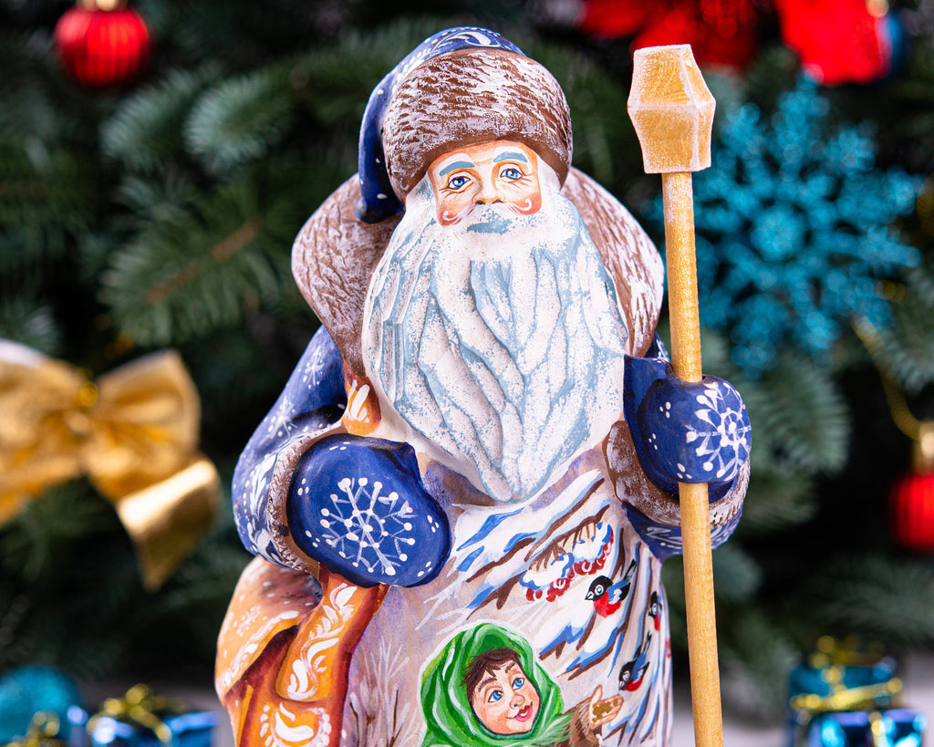 Old-World Santa wood figurine 9 inch, child with winter birds scene, shelf display