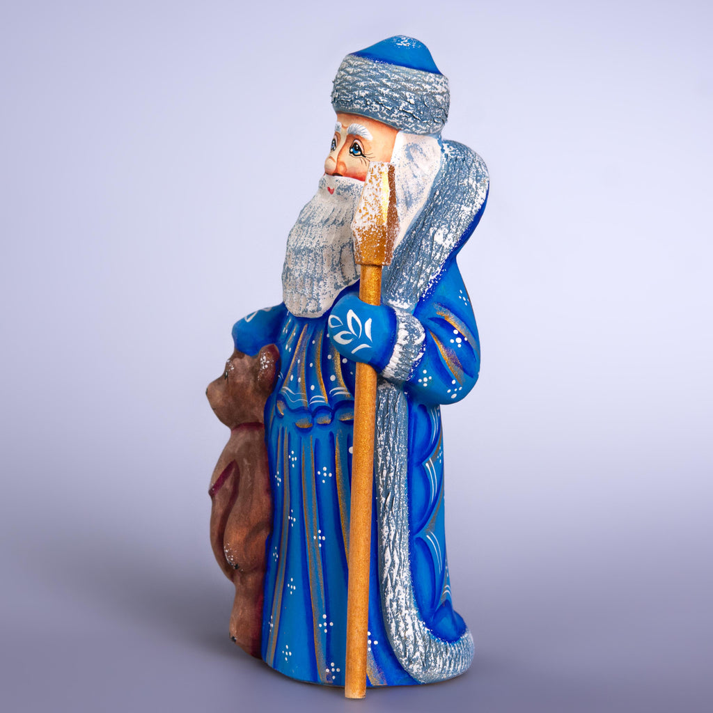 Old World Father Christmas Figurine 8 inch, Blue Robe, Santa with Bear, Hand Painted