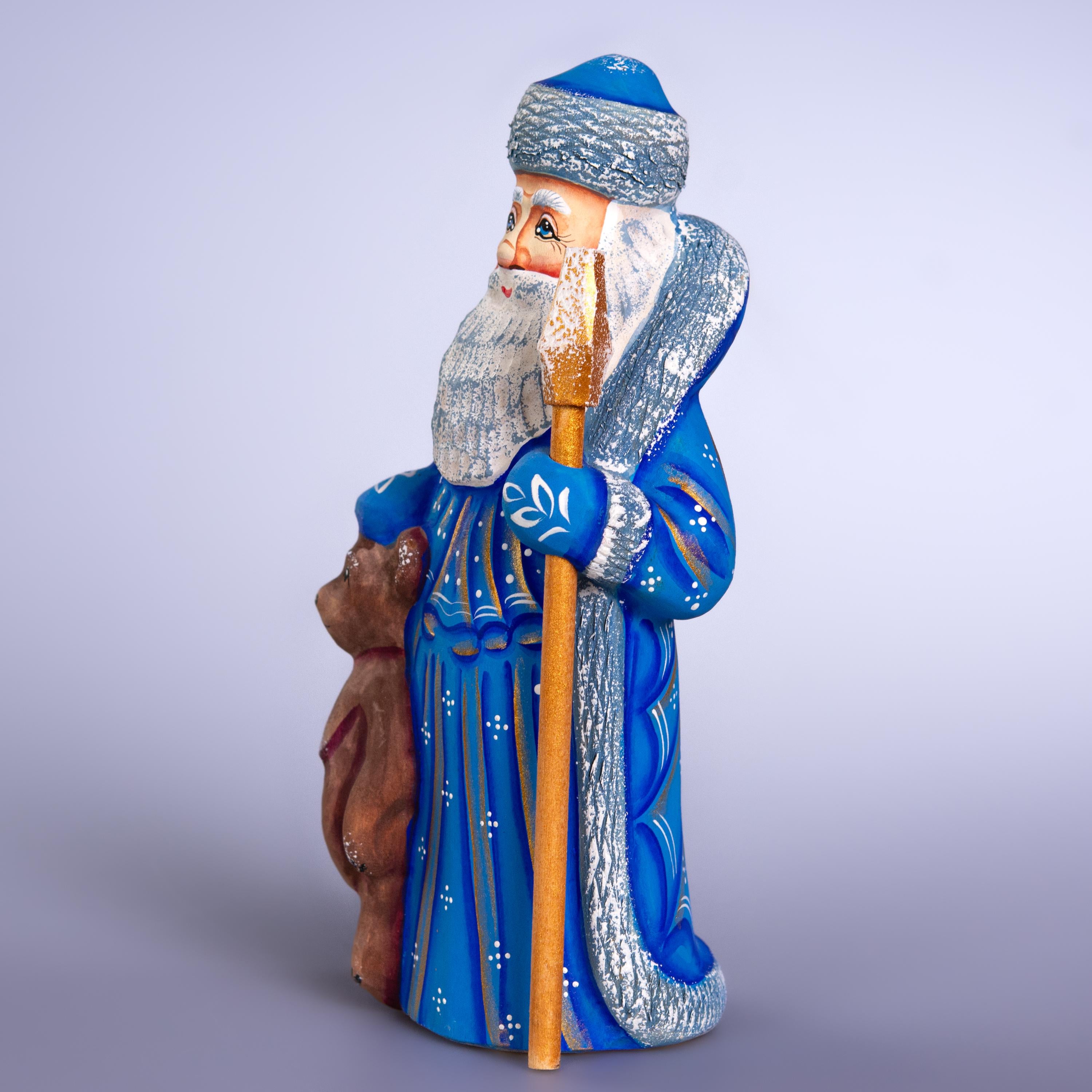 Old World Father Christmas Figurine 8 inch, Blue Robe, Santa with Bear, Hand Painted