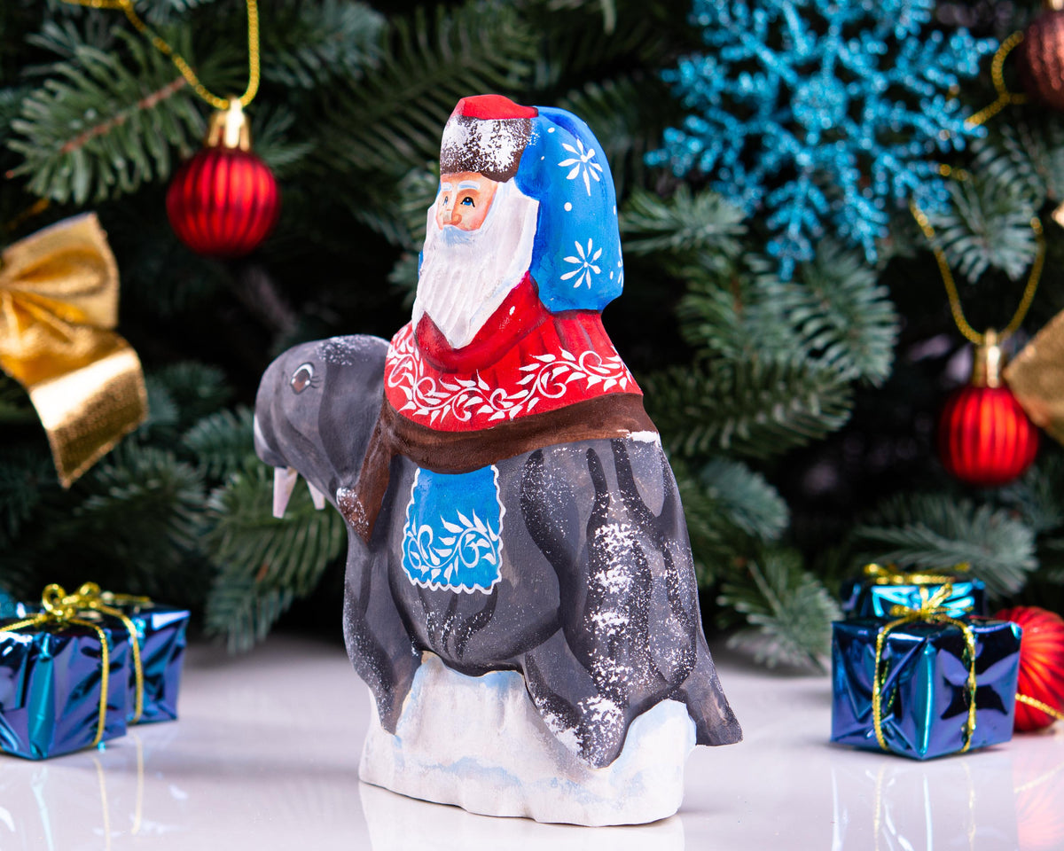 Hand Carved Wooden Santa Claus on Walrus - Christmas Figurine