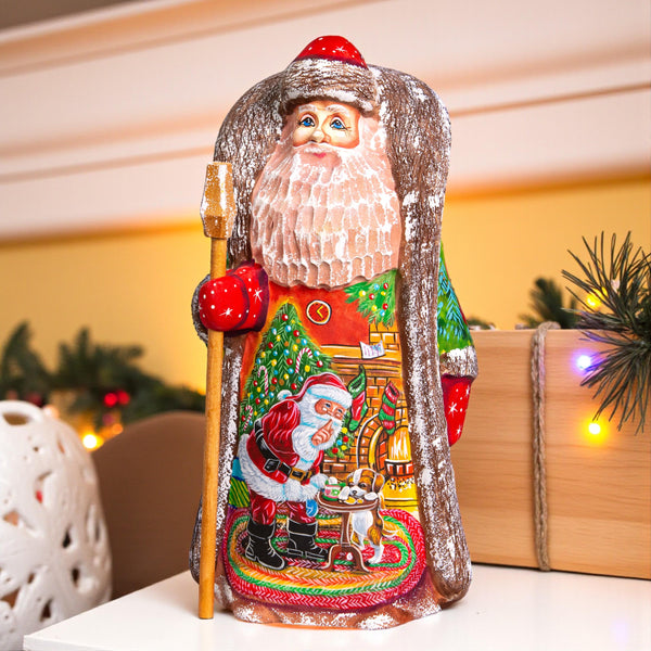 Hand carved Santa wooden figurine 9.4 inch, Christmas dog scene