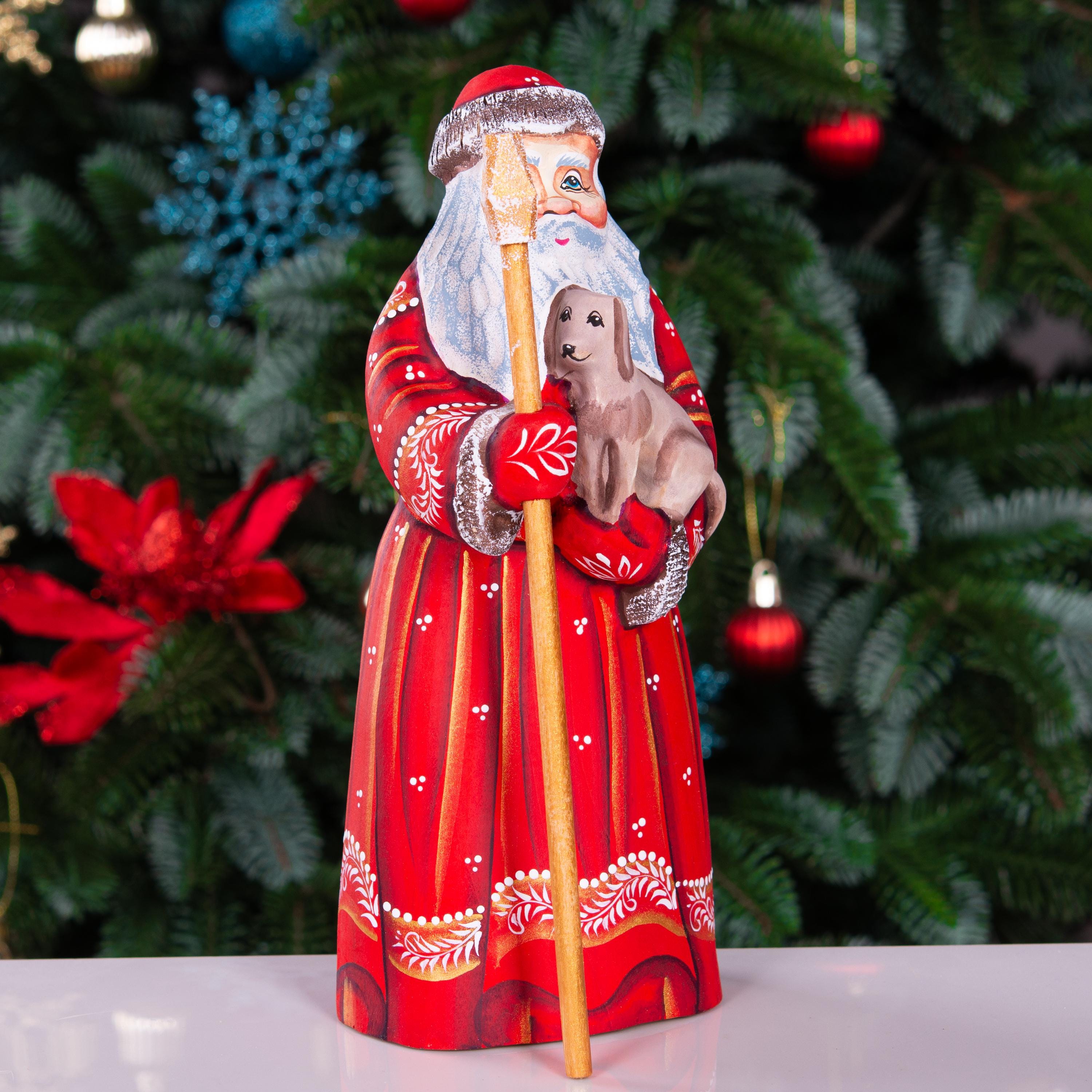 Hand Carved Wooden Santa Figurine with Puppy: Folk Art Christmas Decor