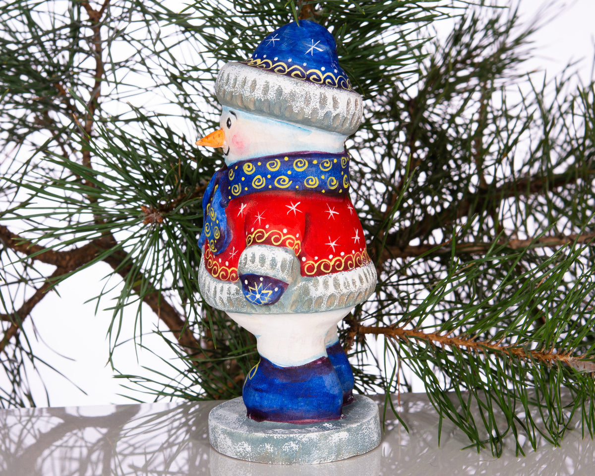 Hand carved wooden snowman figurine 6.3 inch, folk art winter accent, mantel decor