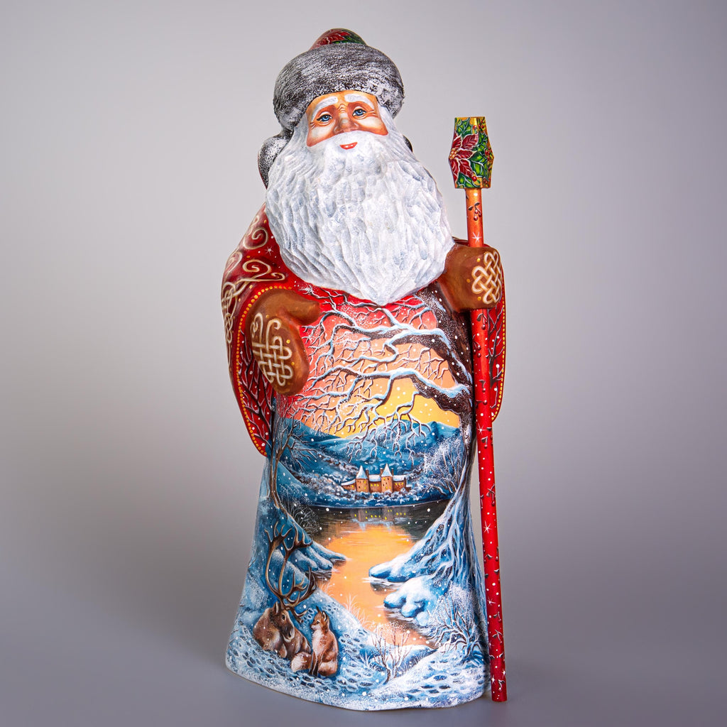 Hand carved wooden Santa figurine 13 inch, winter landscape scene, holiday centerpiece