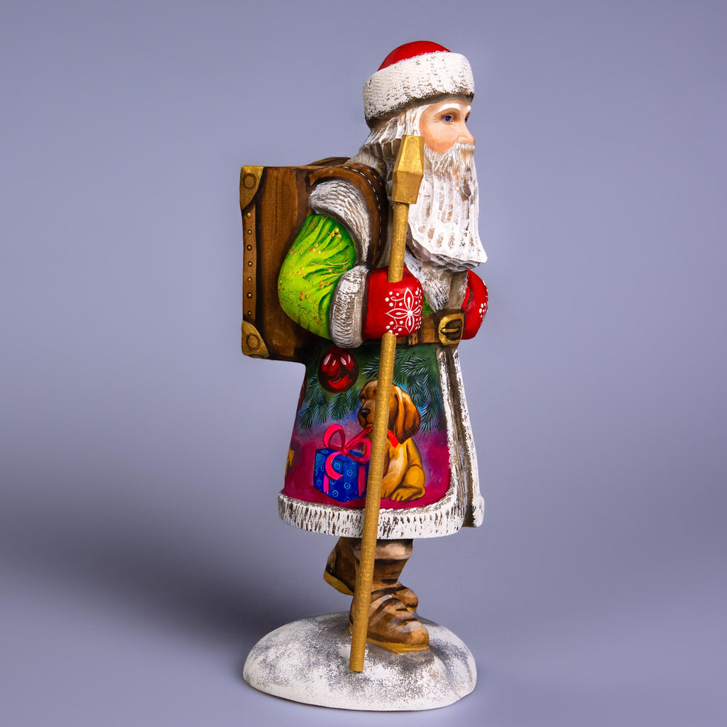 Santa with Puppy Figurine 11", Hand Carved Wood, Christmas Mantel Decor