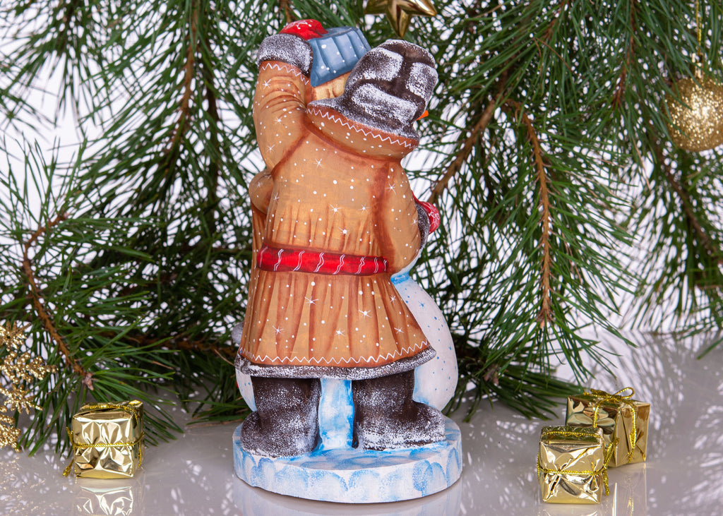 Wooden Hand Carved Snowman Figurine 8", Handmade Christmas Home Decoration Indoor