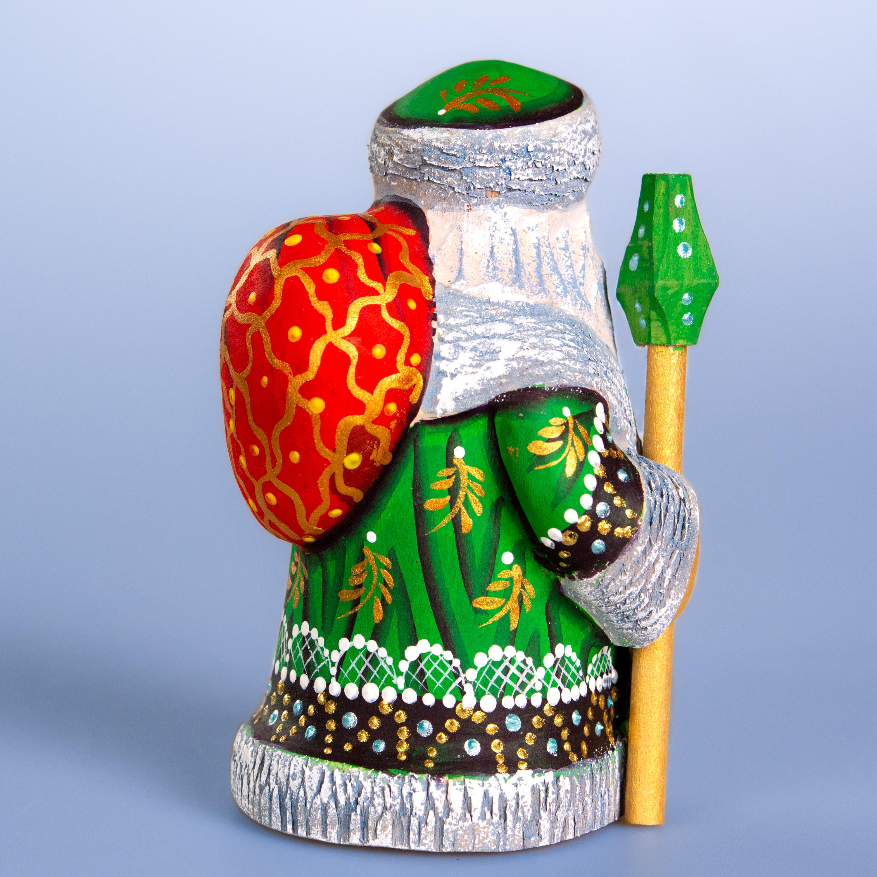 Hand carved Santa wooden figurine 5.1 inch, green coat shelf decor