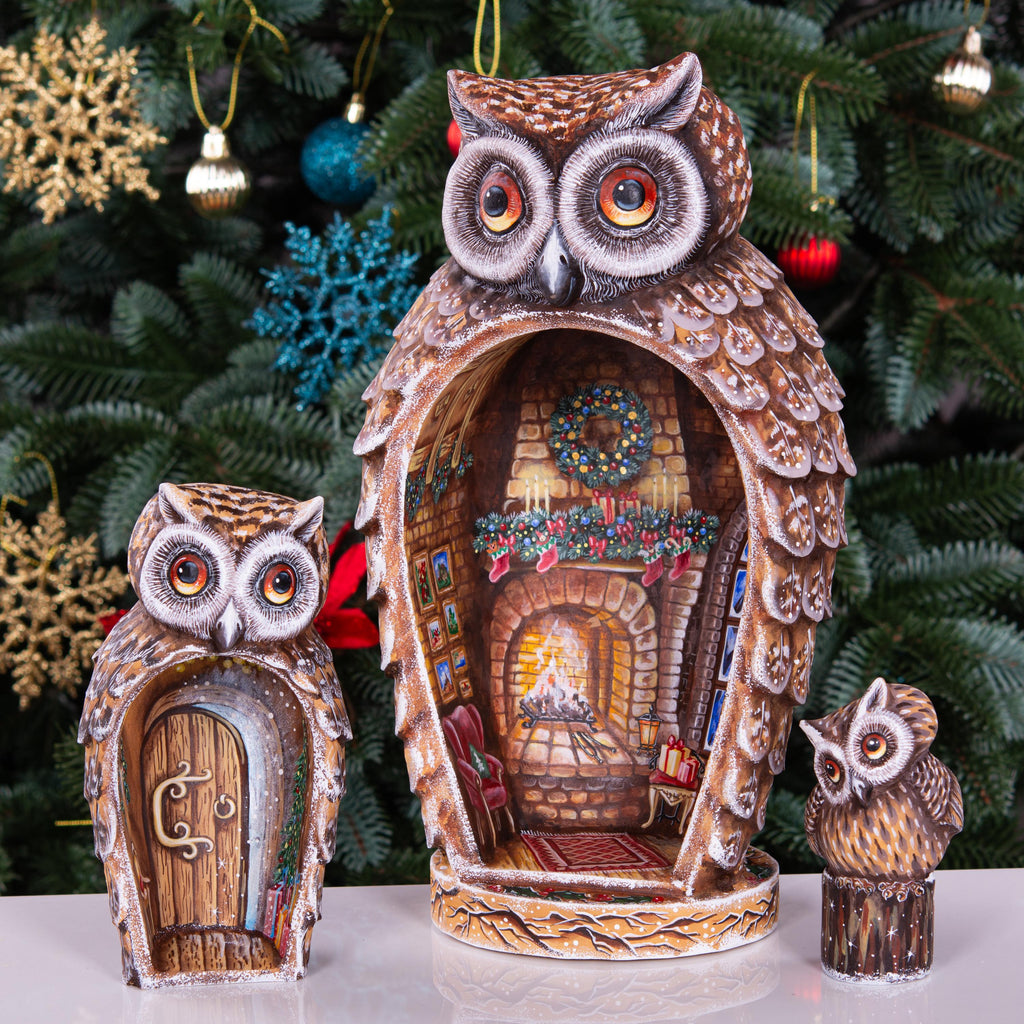 Hand Carved Christmas Owl Figurines: Wooden Nesting Set with Hand-Painted Fireplace Interiors
