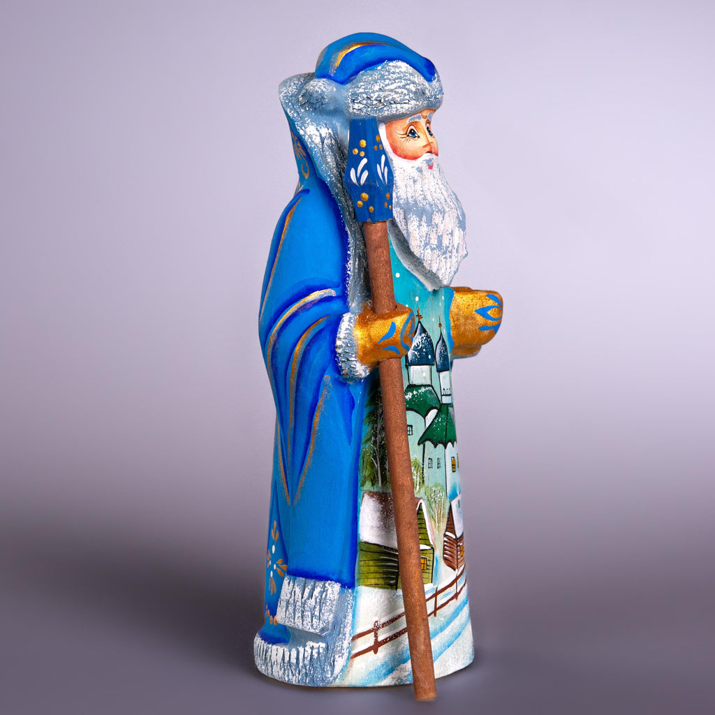 Hand Carved Wooden Santa Figurine: Winter Church Scene, Signed Collectible