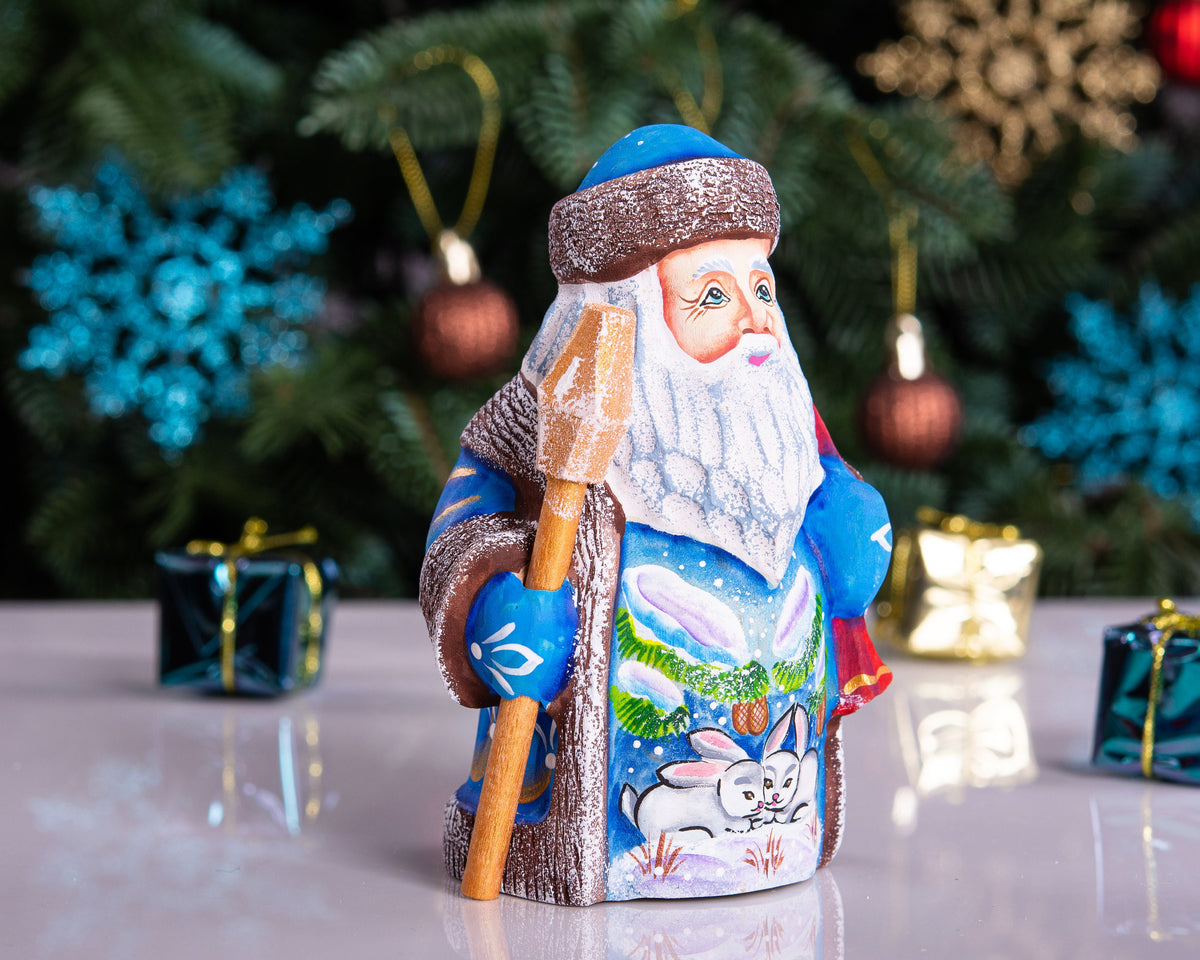 Old‑World Father Frost 5.1", Hand‑Carved Wood, Rabbits Under Pine
