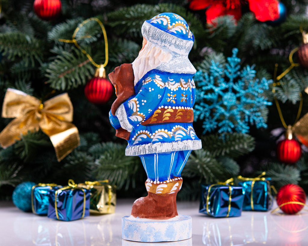 Hand carved blue Santa wooden figurine 7 inch, teddy bear gift, holiday mantel decor